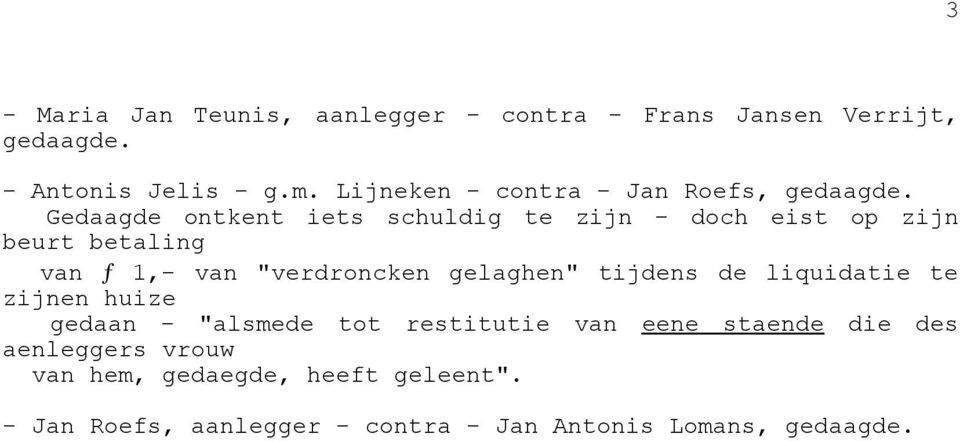 Gedaagde ontkent iets schuldig te zijn - doch eist op zijn beurt betaling van ƒ 1,- van "verdroncken gelaghen"