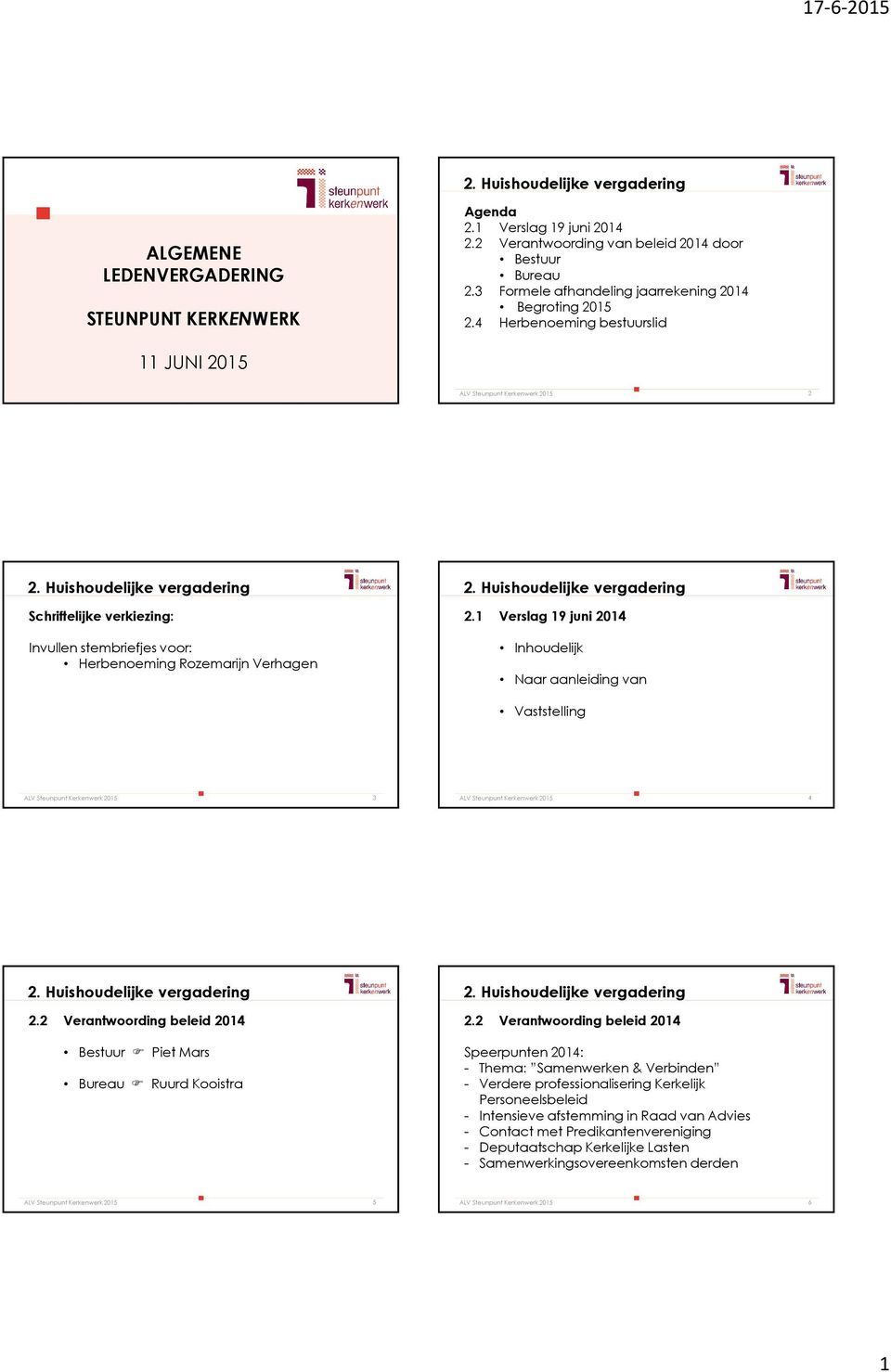 1 Verslag 19 juni 2014 Inhoudelijk Naar aanleiding van Vaststelling 3 4 2.2 Verantwoording beleid 2014 2.