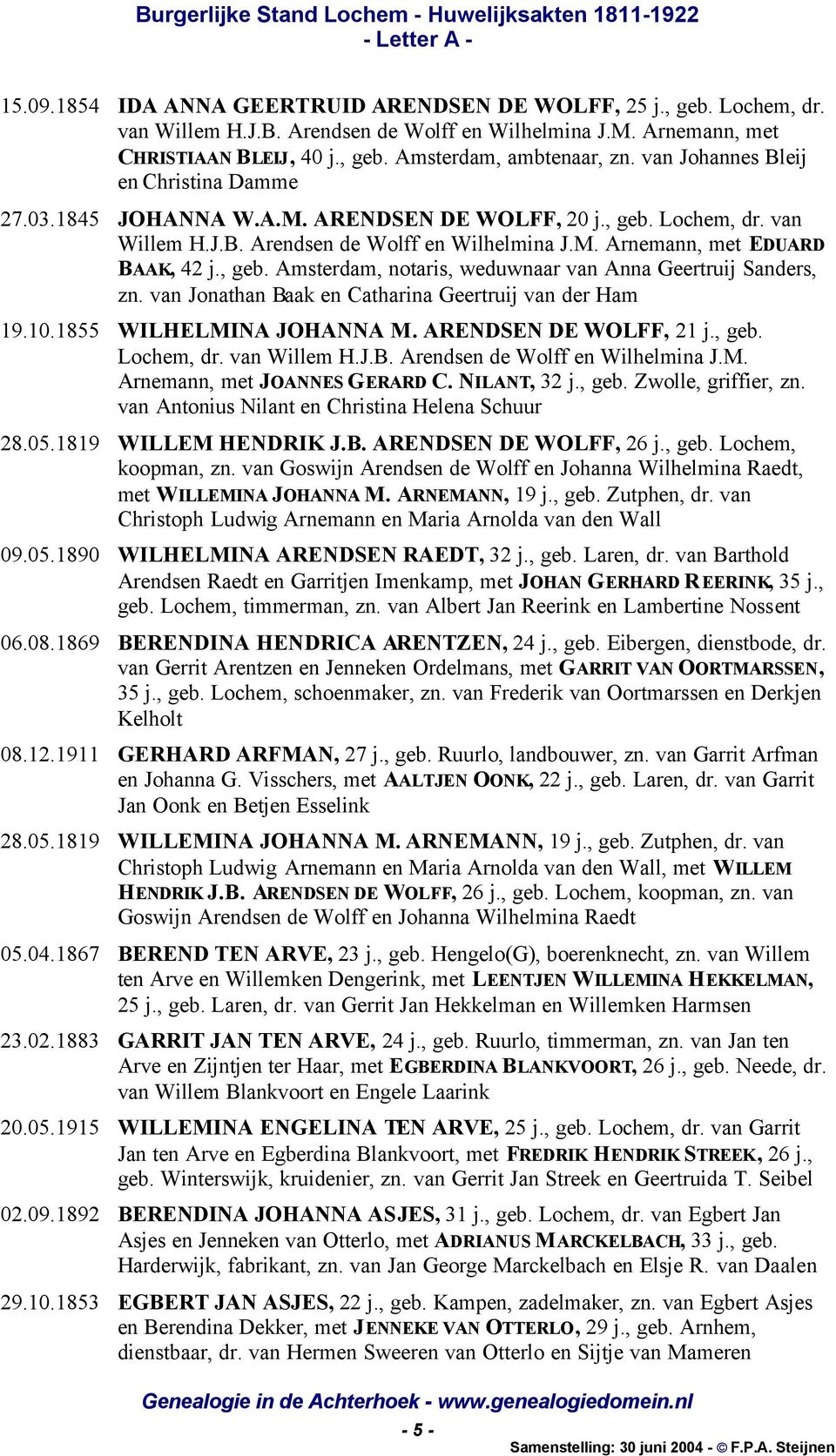 van Jonathan Baak en Catharina Geertruij van der Ham 19.10.1855 WILHELMINA JOHANNA M. ARENDSEN DE WOLFF, 21 j., geb. Lochem, dr. van Willem H.J.B. Arendsen de Wolff en Wilhelmina J.M. Arnemann, met JOANNES GERARD C.