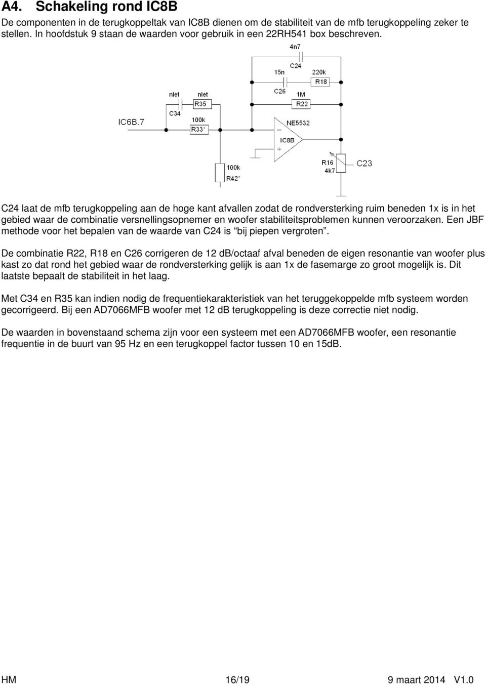 C24 laat de mfb terugkoppeling aan de hoge kant afvallen zodat de rondversterking ruim beneden 1x is in het gebied waar de combinatie versnellingsopnemer en woofer stabiliteitsproblemen kunnen