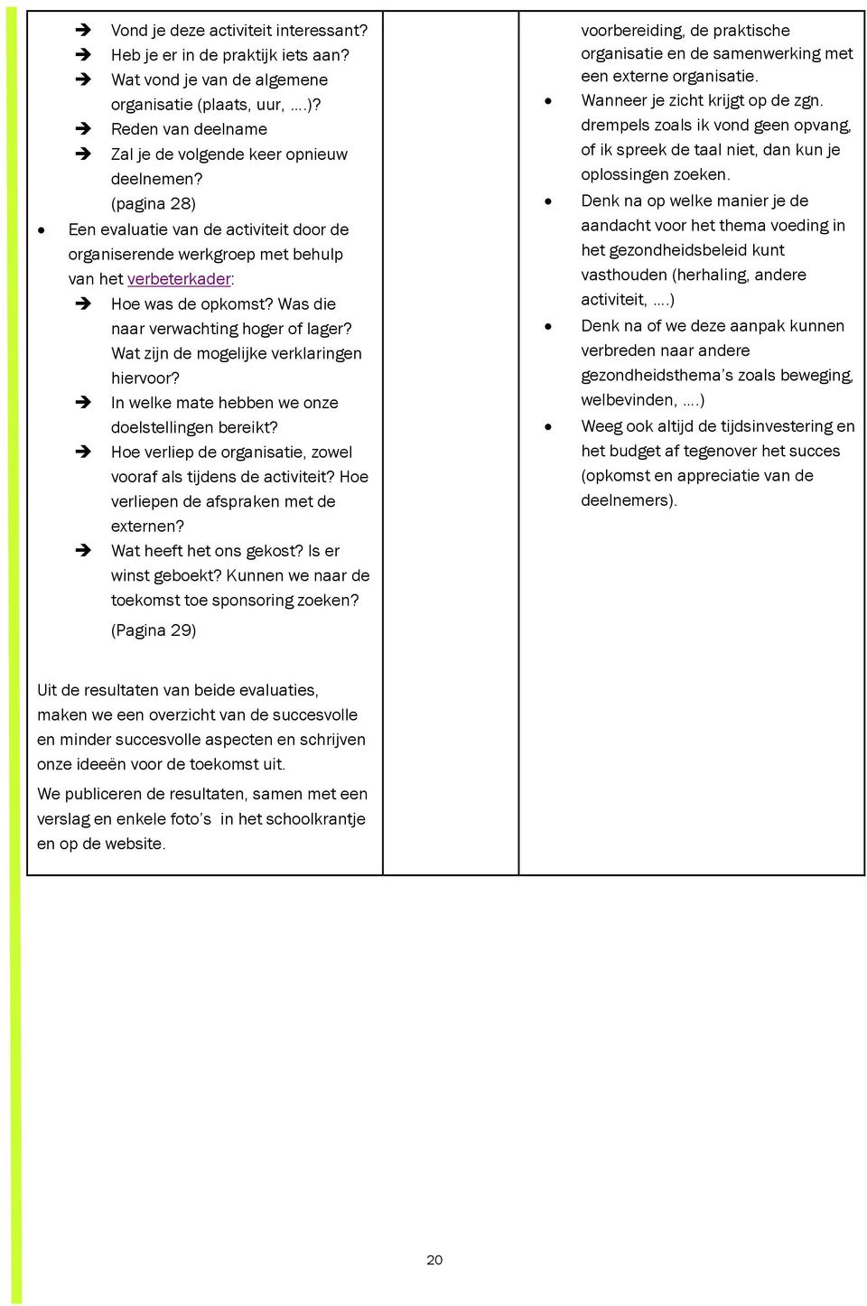 Wat zijn de mogelijke verklaringen hiervoor? In welke mate hebben we onze doelstellingen bereikt? Hoe verliep de organisatie, zowel vooraf als tijdens de activiteit?