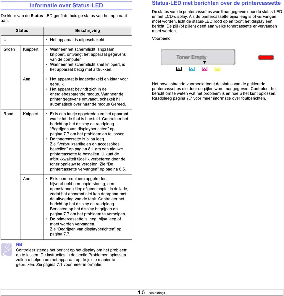 Als de printercassette bijna leeg is of vervangen moet worden, licht de status-led rood op en toont het display een bericht. De pijl (of pijlen) geeft aan welke tonercassette er vervangen moet worden.