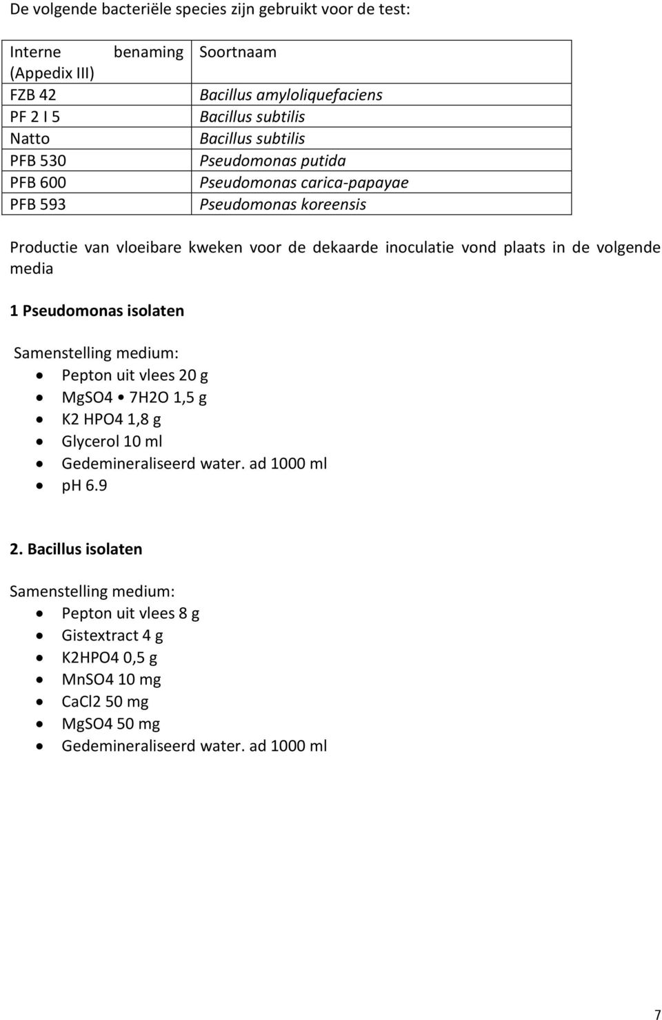 plaats in de volgende media 1 Pseudomonas isolaten Samenstelling medium: Pepton uit vlees 20 g MgSO4 7H2O 1,5 g K2 HPO4 1,8 g Glycerol 10 ml Gedemineraliseerd water.