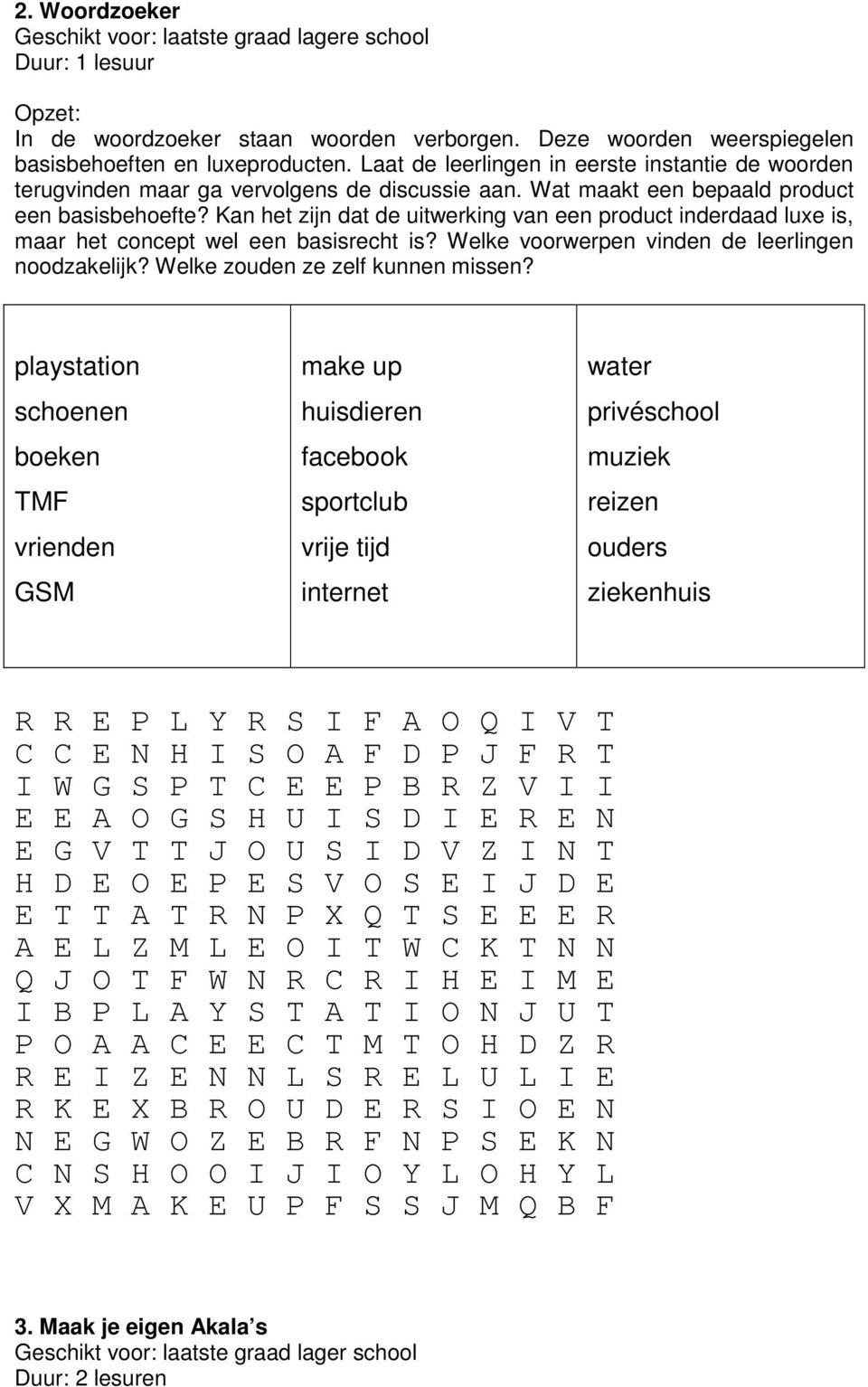 Kan het zijn dat de uitwerking van een product inderdaad luxe is, maar het concept wel een basisrecht is? Welke voorwerpen vinden de leerlingen noodzakelijk? Welke zouden ze zelf kunnen missen?