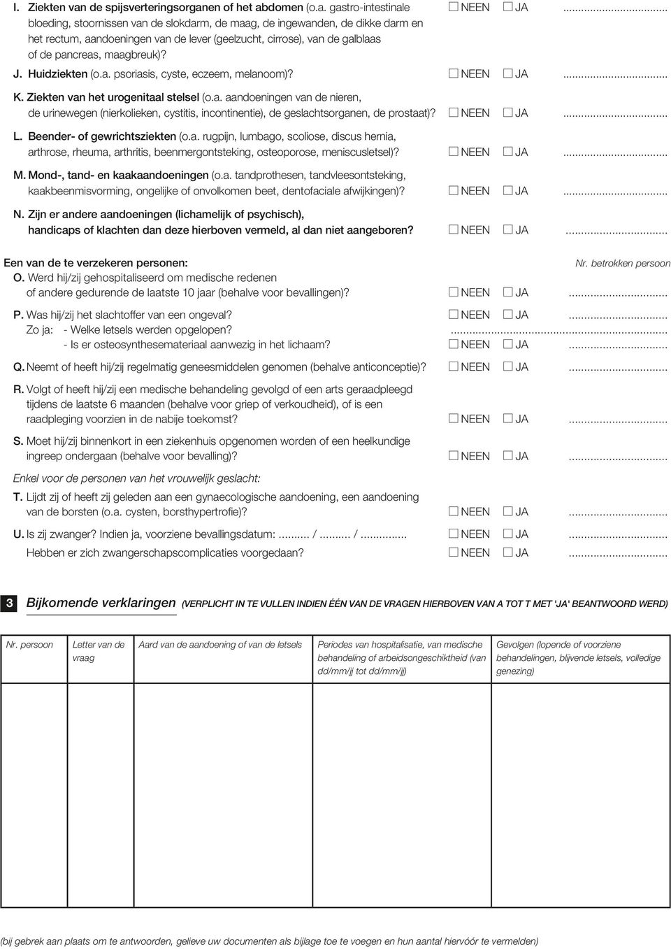 Huidziekten (o.a. psoriasis, cyste, eczeem, melanoom)? NEEN JA... K. Ziekten van het urogenitaal stelsel (o.a. aandoeningen van de nieren, de urinewegen (nierkolieken, cystitis, incontinentie), de geslachtsorganen, de prostaat)?