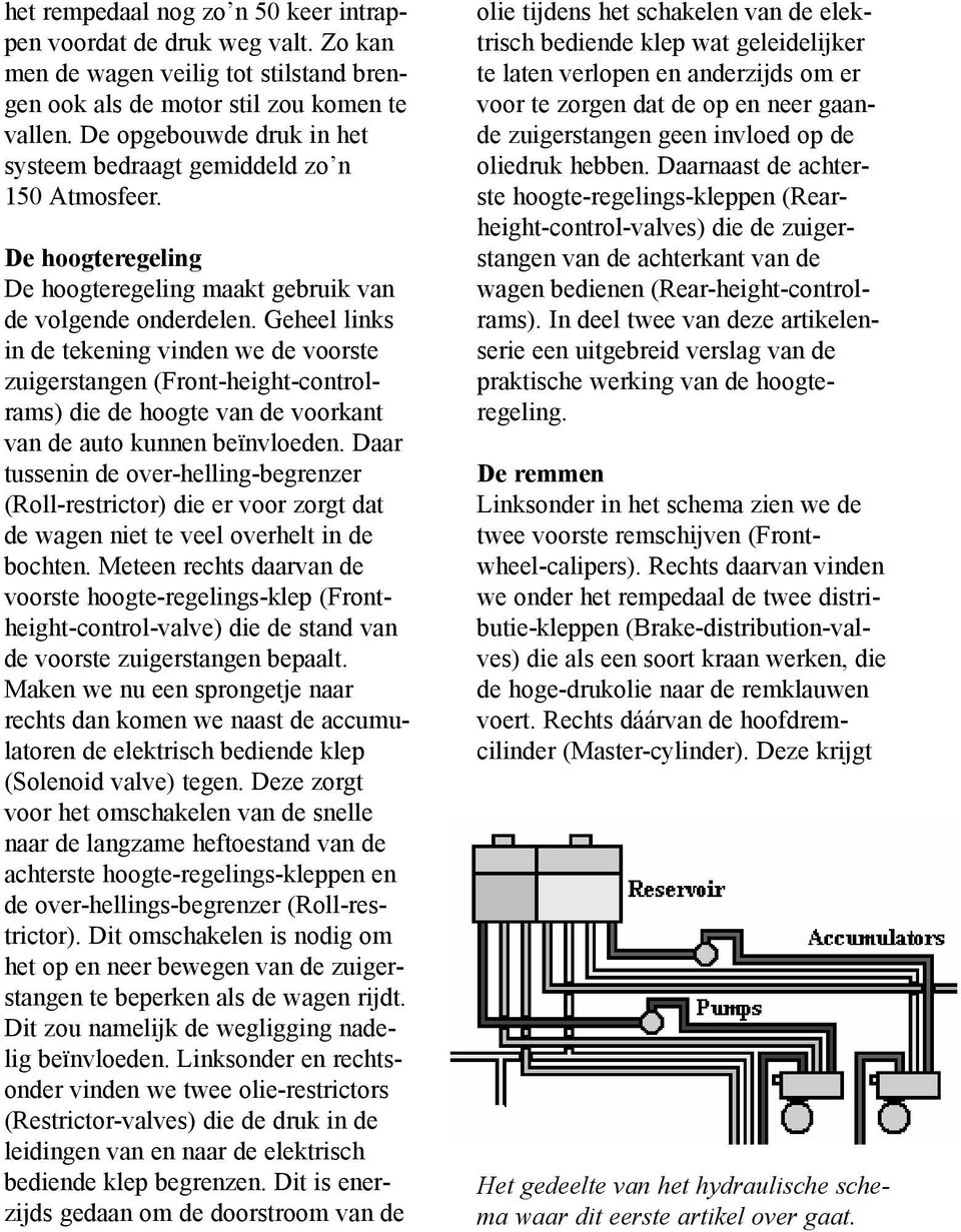 Geheel links in de tekening vinden we de voorste zuigerstangen (Front-height-controlrams) die de hoogte van de voorkant van de auto kunnen beïnvloeden.