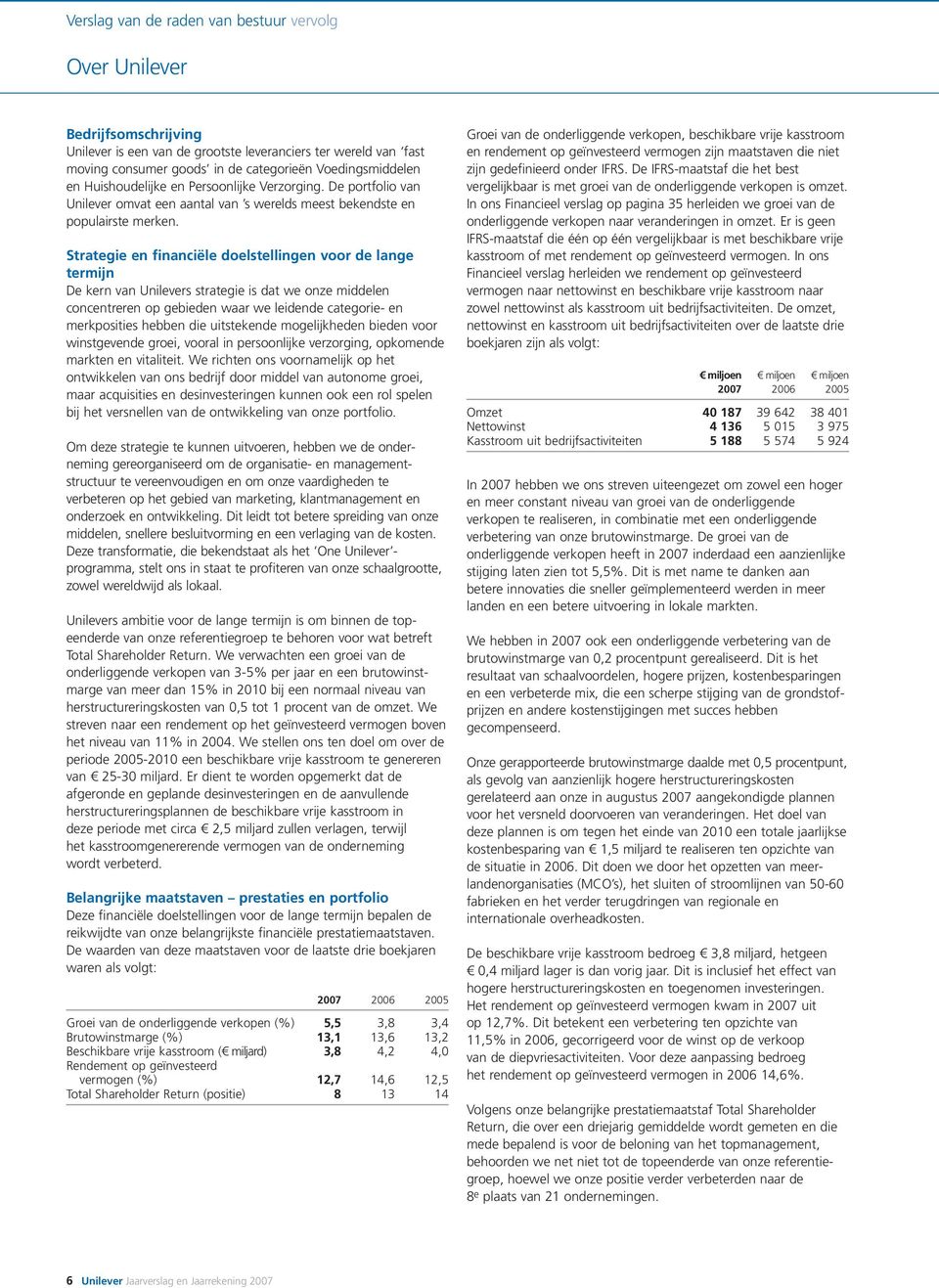 Strategie en financiële doelstellingen voor de lange termijn De kern van Unilevers strategie is dat we onze middelen concentreren op gebieden waar we leidende categorie- en merkposities hebben die