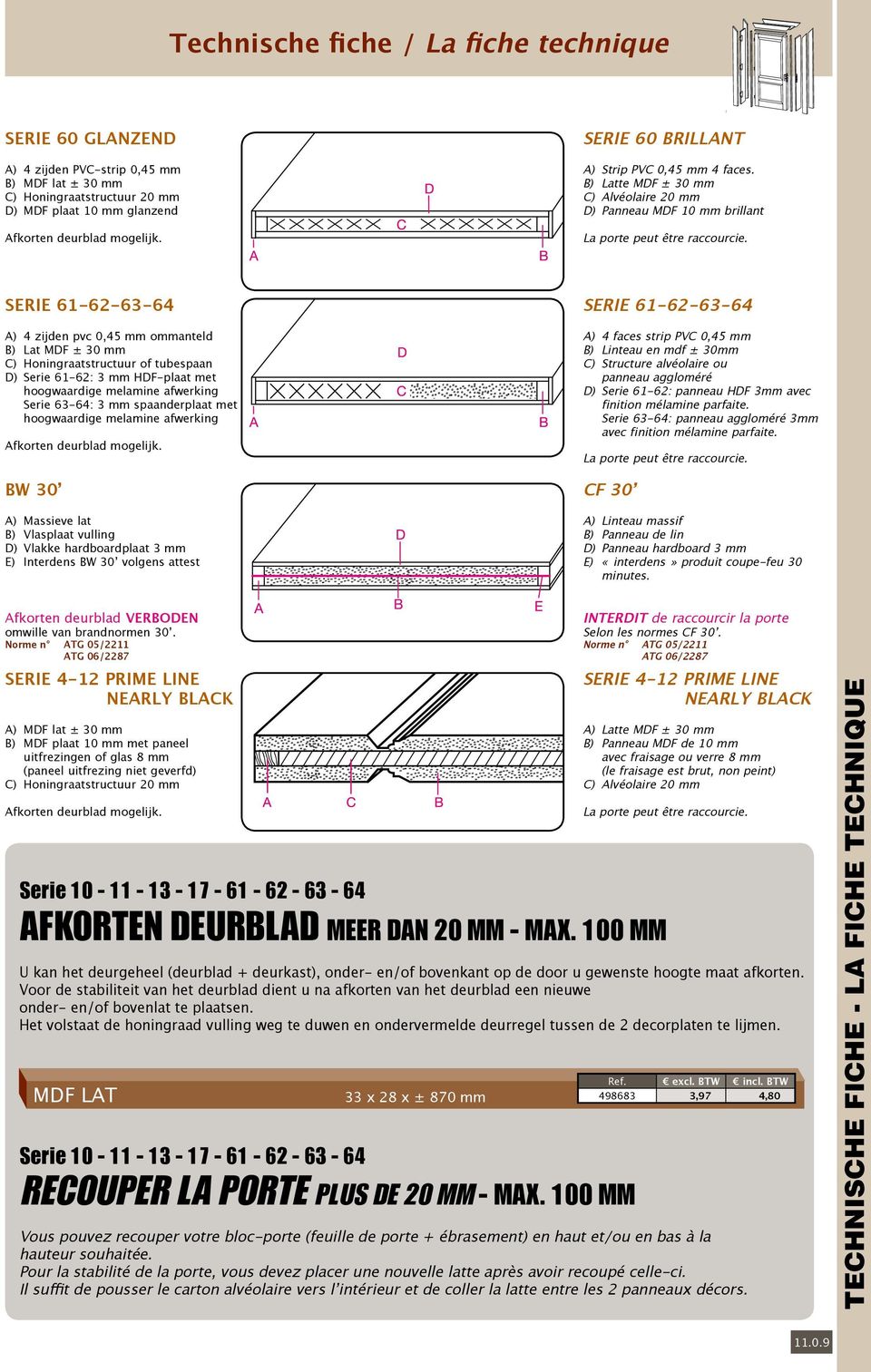 SERIE 61-62-63-64 A) 4 zijden pvc 0,45 mm ommanteld B) Lat MDF ± 30 mm C) Honingraatstructuur of tubespaan D) Serie 61-62: 3 mm HDF-plaat met hoogwaardige melamine afwerking Serie 63-64: 3 mm