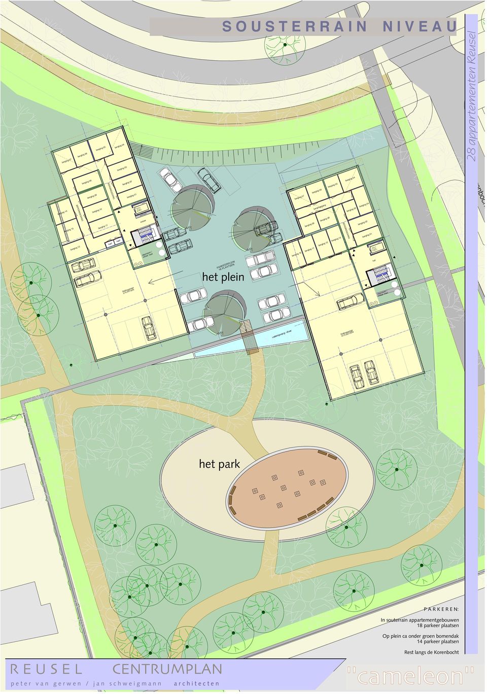 kast wateropvang- vijver Stallinggarage 10 PLAATSEN het park P A R K E R E N: In souterrain appartementgebouwen 18 parkeer plaatsen Op plein ca