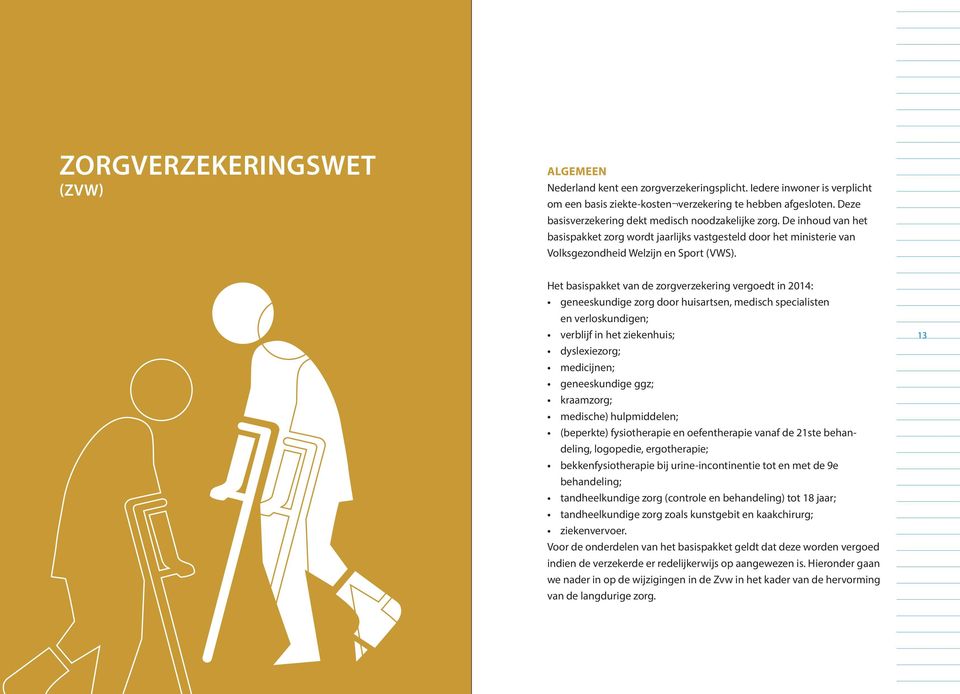 12 Het basispakket van de zorgverzekering vergoedt in 2014: geneeskundige zorg door huisartsen, medisch specialisten en verloskundigen; verblijf in het ziekenhuis; dyslexiezorg; medicijnen;