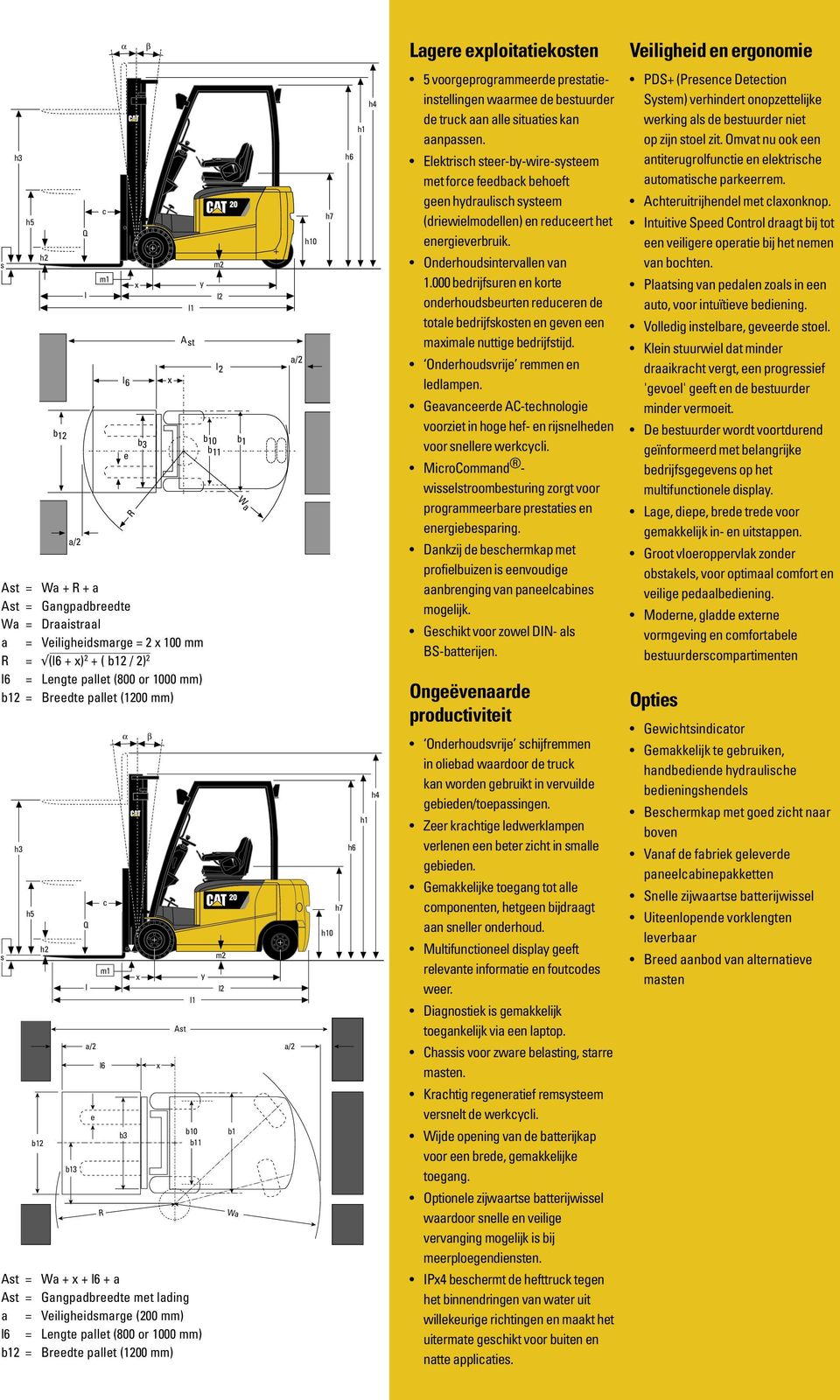 b12 / 2) 2 l6 = Lengte pallet (800 or 1000 mm) b12 = Breedte pallet (1200 mm) l1 y y b10 b11 Ast = Wa + + l6 + a Ast = Gangpadbreedte met lading a = Veiligheidsmarge (200 mm) l6 = Lengte pallet (800