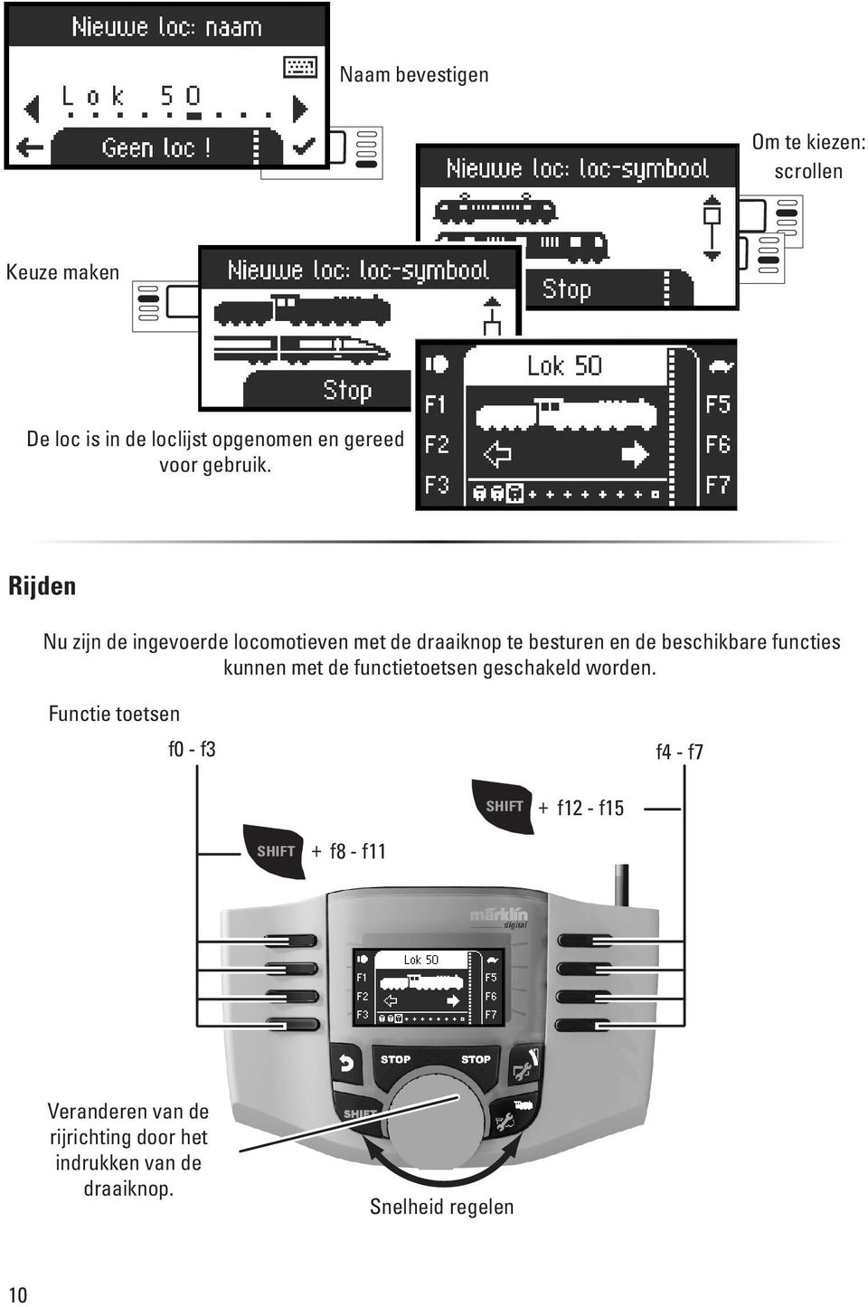 Rijden Nu zijn de ingevoerde locomotieven met de draaiknop te besturen en de beschikbare functies