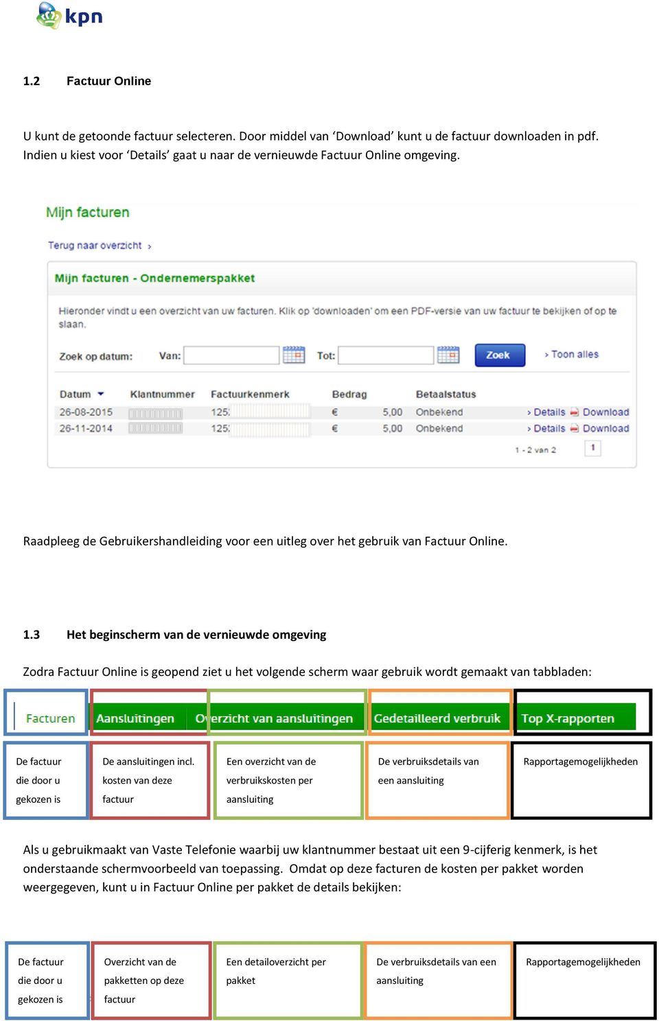 3 Het beginscherm van de vernieuwde omgeving Zodra Factuur Online is geopend ziet u het volgende scherm waar gebruik wordt gemaakt van tabbladen: De factuur De aansluitingen incl.