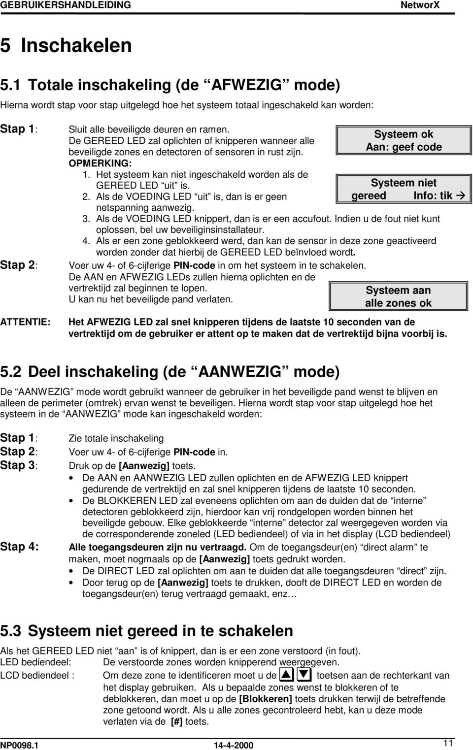 De GEREED LED zal oplichten of knipperen wanneer alle beveiligde zones en detectoren of sensoren in rust zijn. OPMERKING: 1. Het systeem kan niet ingeschakeld worden als de GEREED LED uit is. 2.