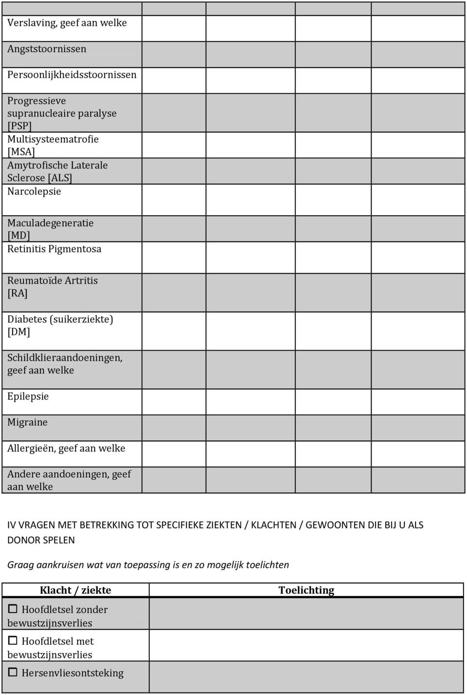 Migraine Allergieën, geef aan welke Andere aandoeningen, geef aan welke IV VRAGEN MET BETREKKING TOT SPECIFIEKE ZIEKTEN / KLACHTEN / GEWOONTEN DIE BIJ U ALS DONOR SPELEN