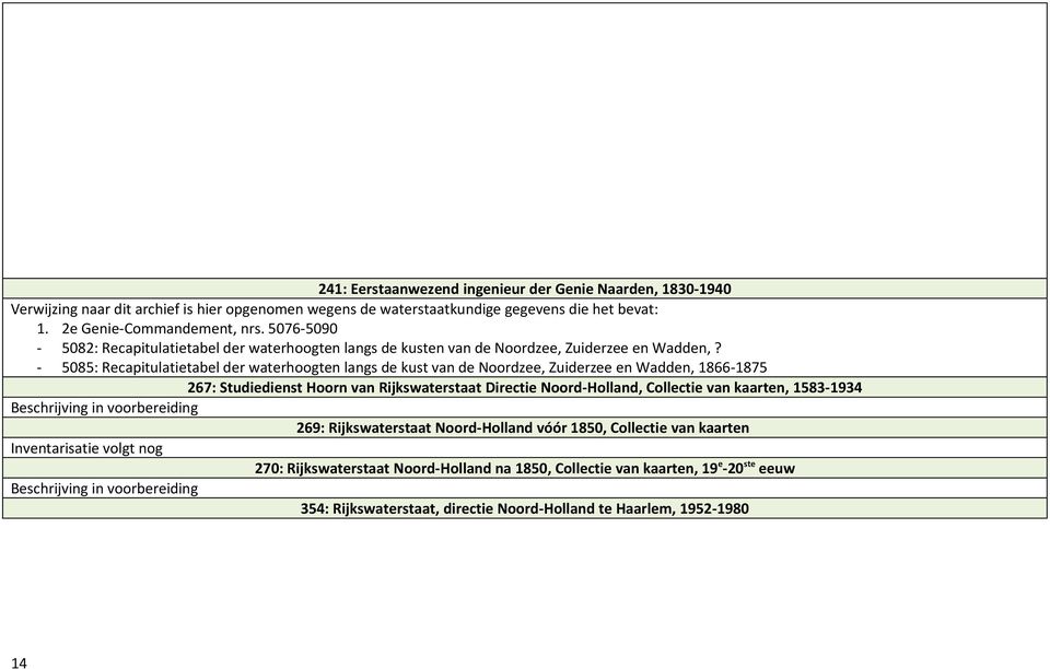 - 5085: Recapitulatietabel der waterhoogten langs de kust van de Noordzee, Zuiderzee en Wadden, 1866-1875 267: Studiedienst Hoorn van Rijkswaterstaat Directie Noord-Holland, Collectie van kaarten,