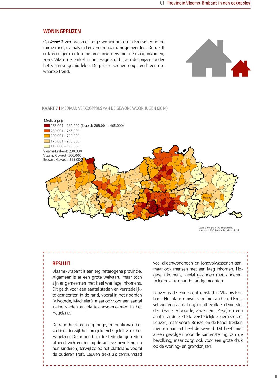 De prijzen kennen nog steeds een opwaartse trend. KAART 7 I MEDIAAN VERKOOPPRIJS VAN DE GEWONE WOONHUIZEN (2014) Mediaanprijs 265.001-360.000 (Brussel: 265.001-465.000) 230.001-265.000 200.001-230.