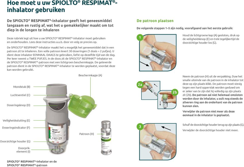 De SPIOLTO RESPIMAT -inhalator maakt het u mogelijk het geneesmiddel dat in een patroon zit te inhaleren. Een volle patroon levert 30 doseringen (1 dosis = 2 pufjes).