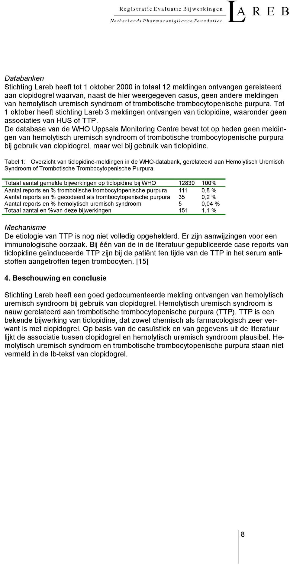 De database van de WHO Uppsala Monitoring Centre bevat tot op heden geen meldingen van hemolytisch uremisch syndroom of trombotische trombocytopenische purpura bij gebruik van clopidogrel, maar wel