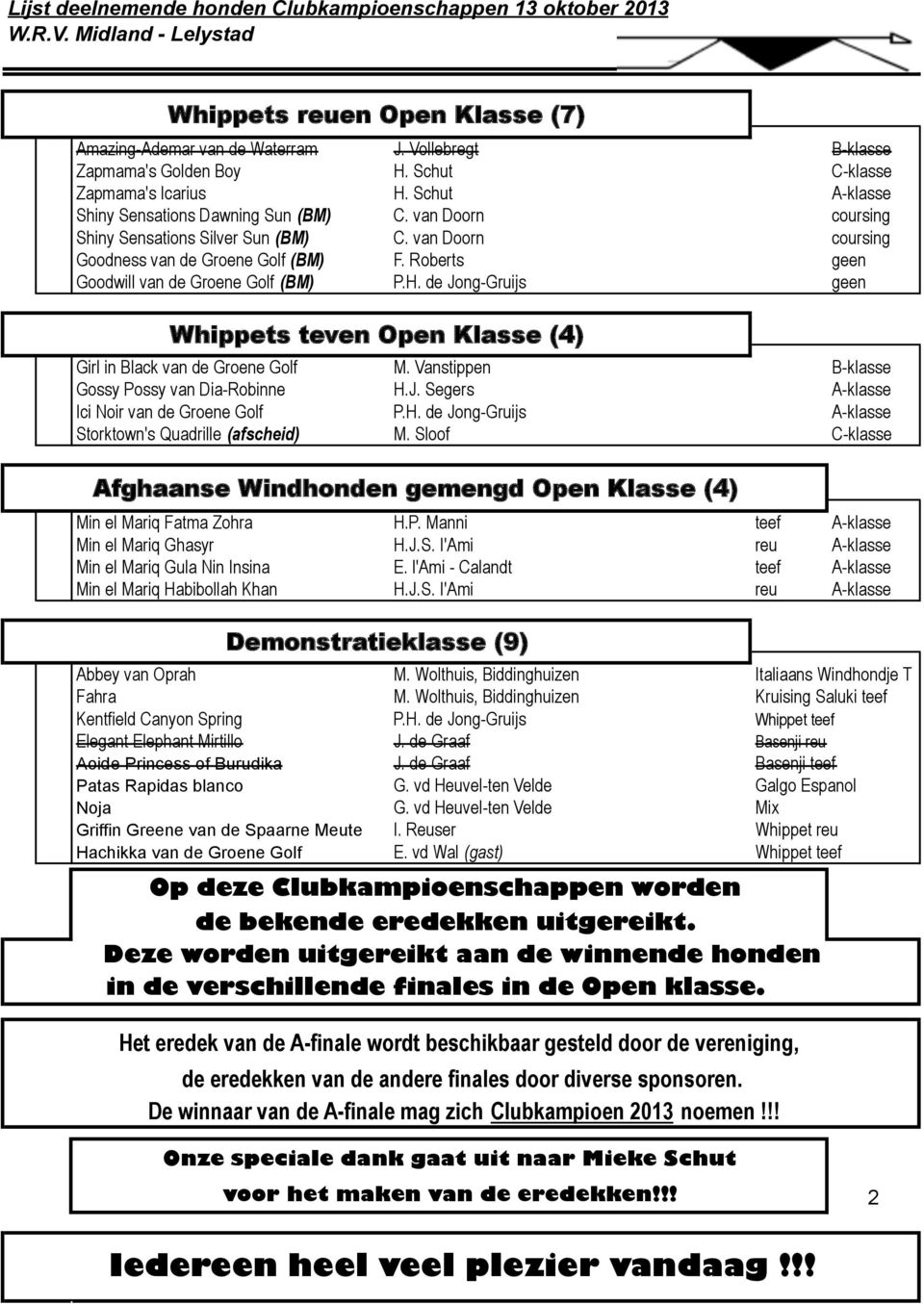 Roberts geen Goodwill van de Groene Golf (BM) P.H. de Jong-Gruijs geen Whippets teven Open Klasse (4) Girl in Black van de Groene Golf M. Vanstippen B-klasse Gossy Possy van Dia-Robinne H.J. Segers A-klasse Ici Noir van de Groene Golf P.