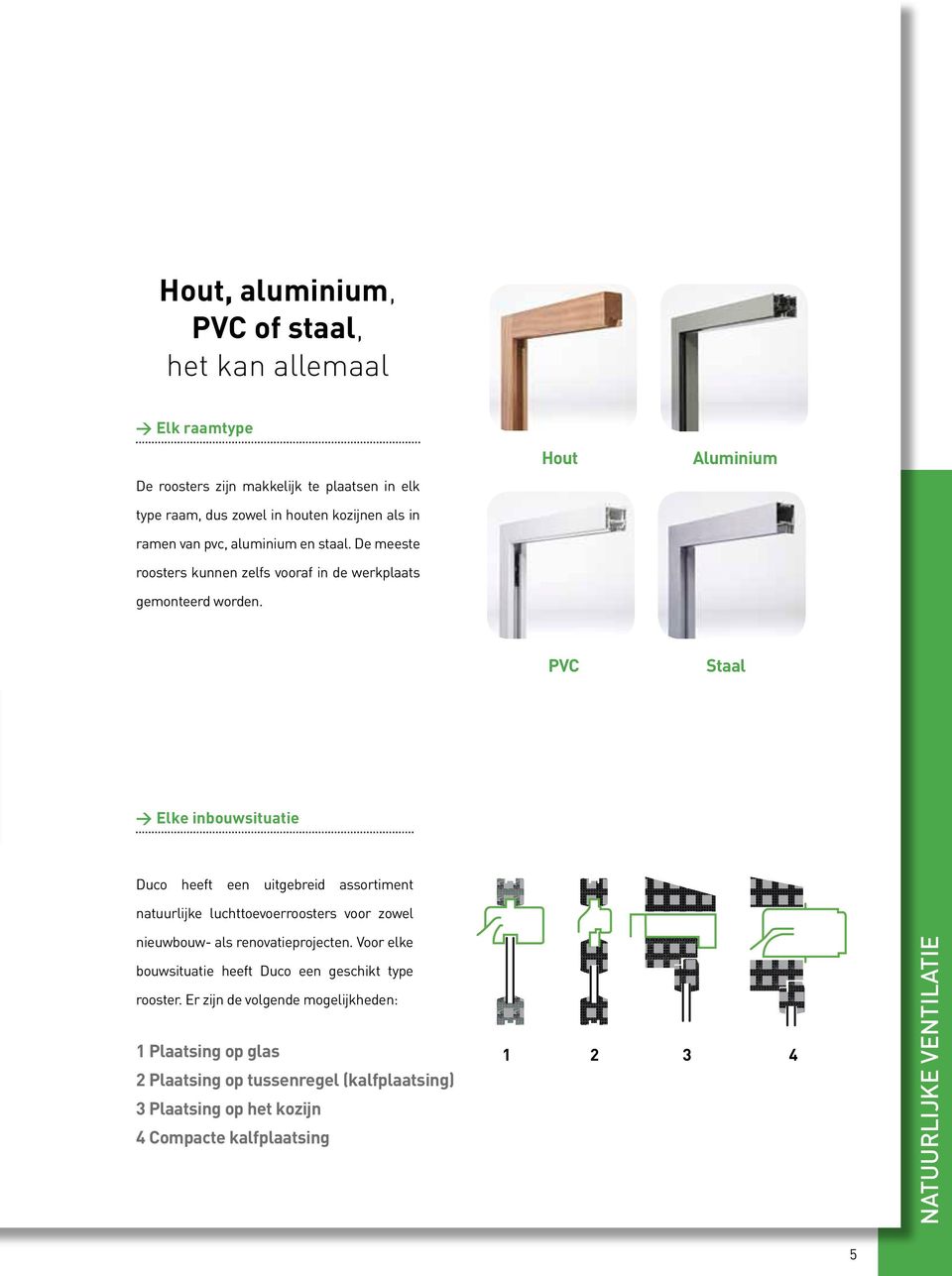 Hout Aluminium PV Staal > Elk inbouwsituati Duco hft n uitgbrid assortimnt natuurlijk luchttovorroostrs voor zowl niuwbouw- als rnovatiprojctn.