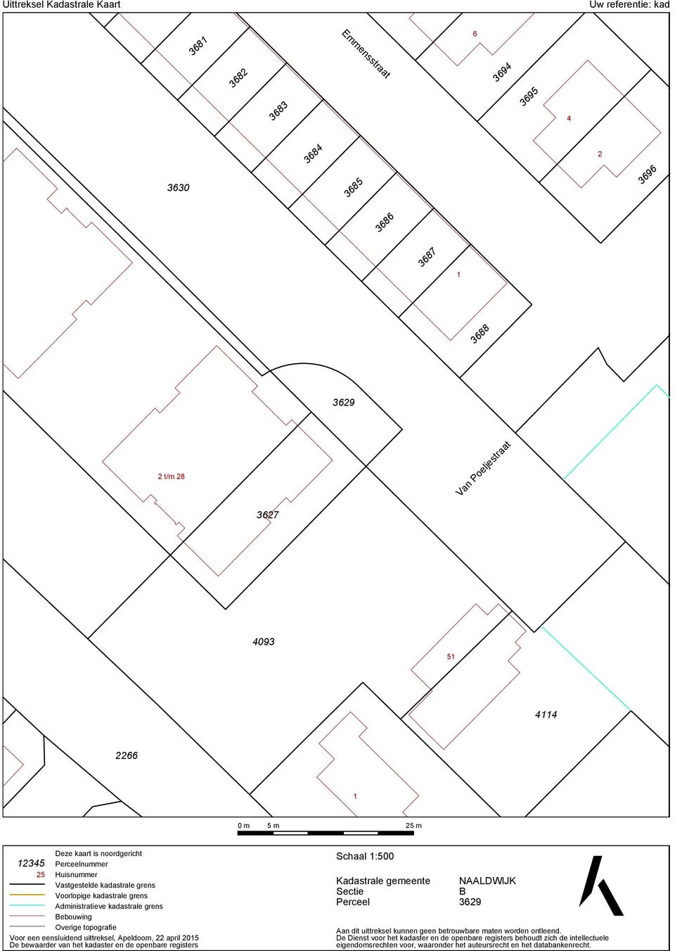 eensluidend uittreksel, Apeldoorn, 22 april 2015 De bewaarder van het kadaster en de openbare registers Schaal 1:500 Kadastrale gemeente Sectie Perceel NAALDWIJK B 3629 Aan dit uittreksel kunnen