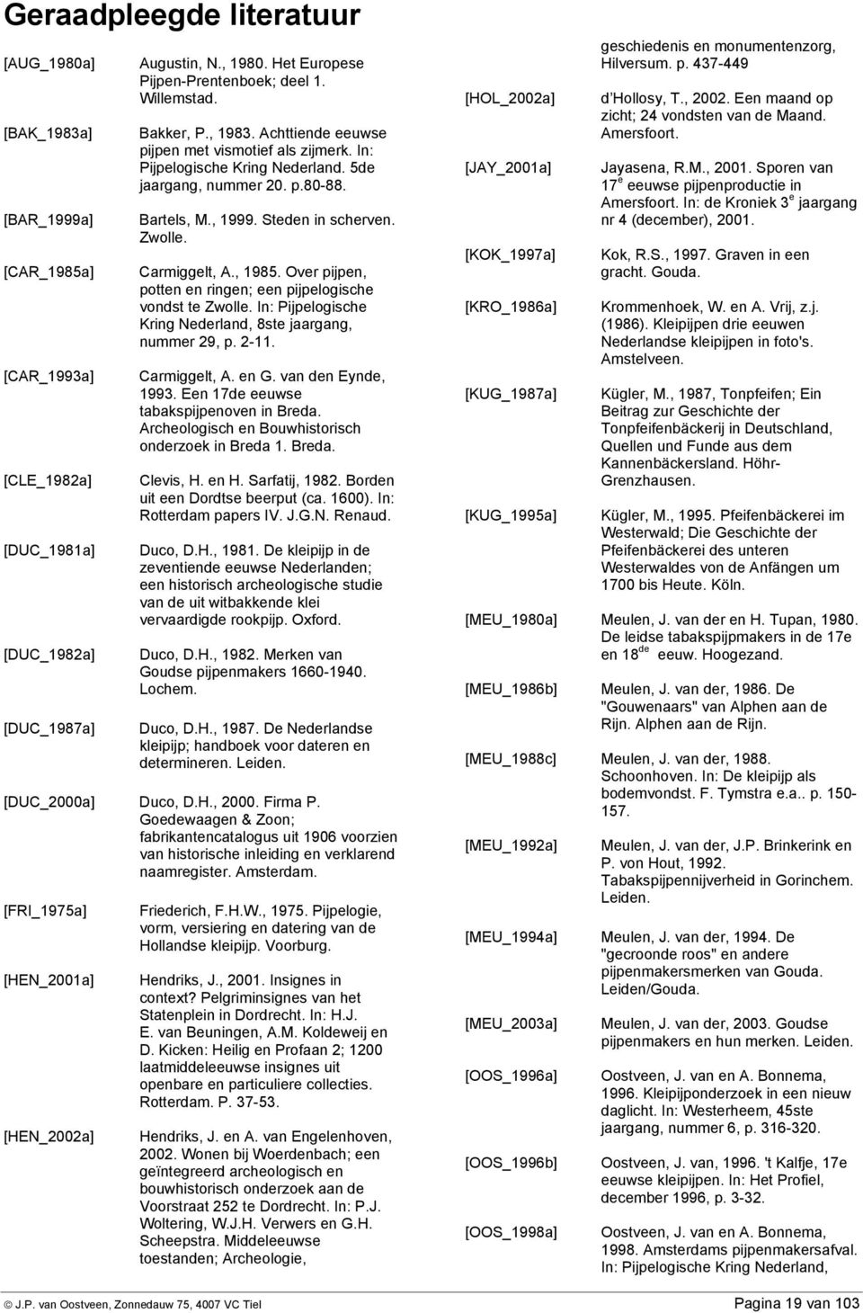 Carmiggelt, A., 198 Over pijpen, potten en ringen; een pijpelogische vondst te Zwolle. In: Pijpelogische Kring Nederland, 8ste jaargang, nummer 29, p. 2-11. Carmiggelt, A. en G. van den Eynde, 1993.