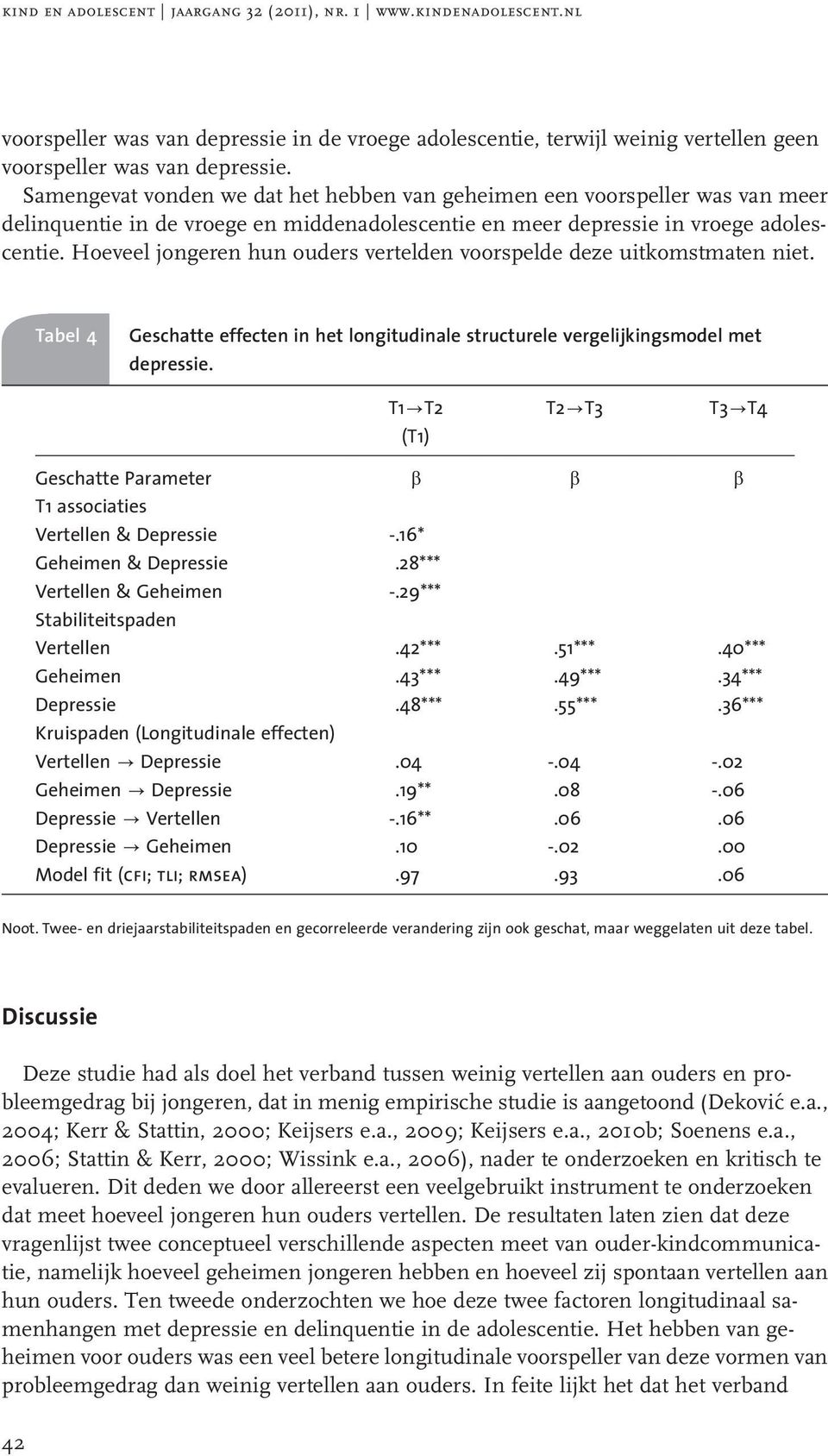 Hoeveel jongeren hun ouders vertelden voorspelde deze uitkomstmaten niet. Tabel 4 Geschatte effecten in het longitudinale structurele vergelijkingsmodel met depressie. T1?T2 (T1) T2?T3 T3?