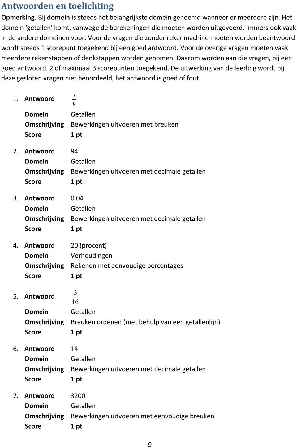 Voor de vragen die zonder rekenmachine moeten worden beantwoord wordt steeds 1 scorepunt toegekend bij een goed antwoord.