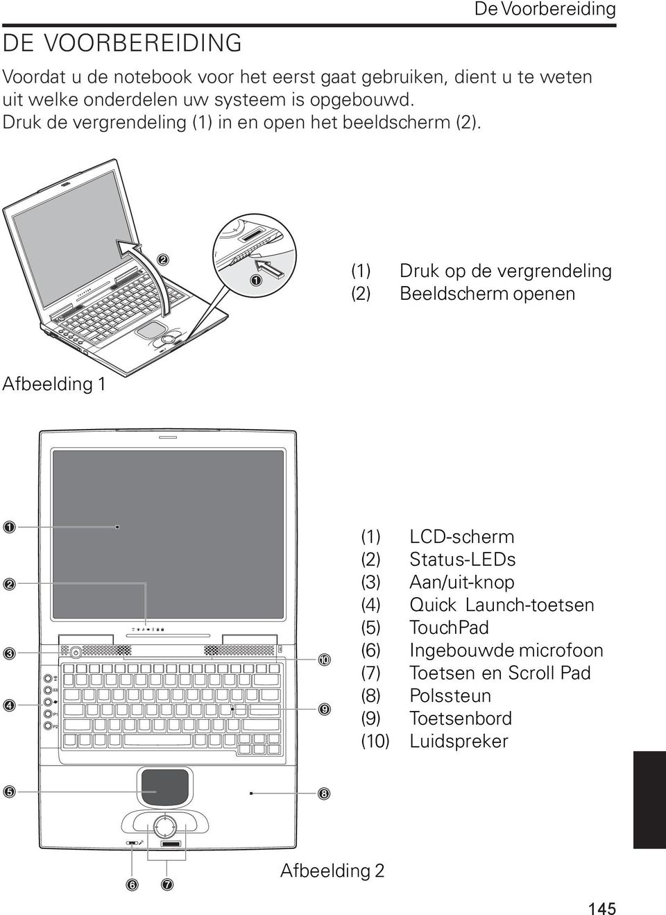 (1) Druk op de vergrendeling (2) Beeldscherm openen Afbeelding 1 (1) LCD-scherm (2) Status-LEDs (3) Aan/uit-knop (4)