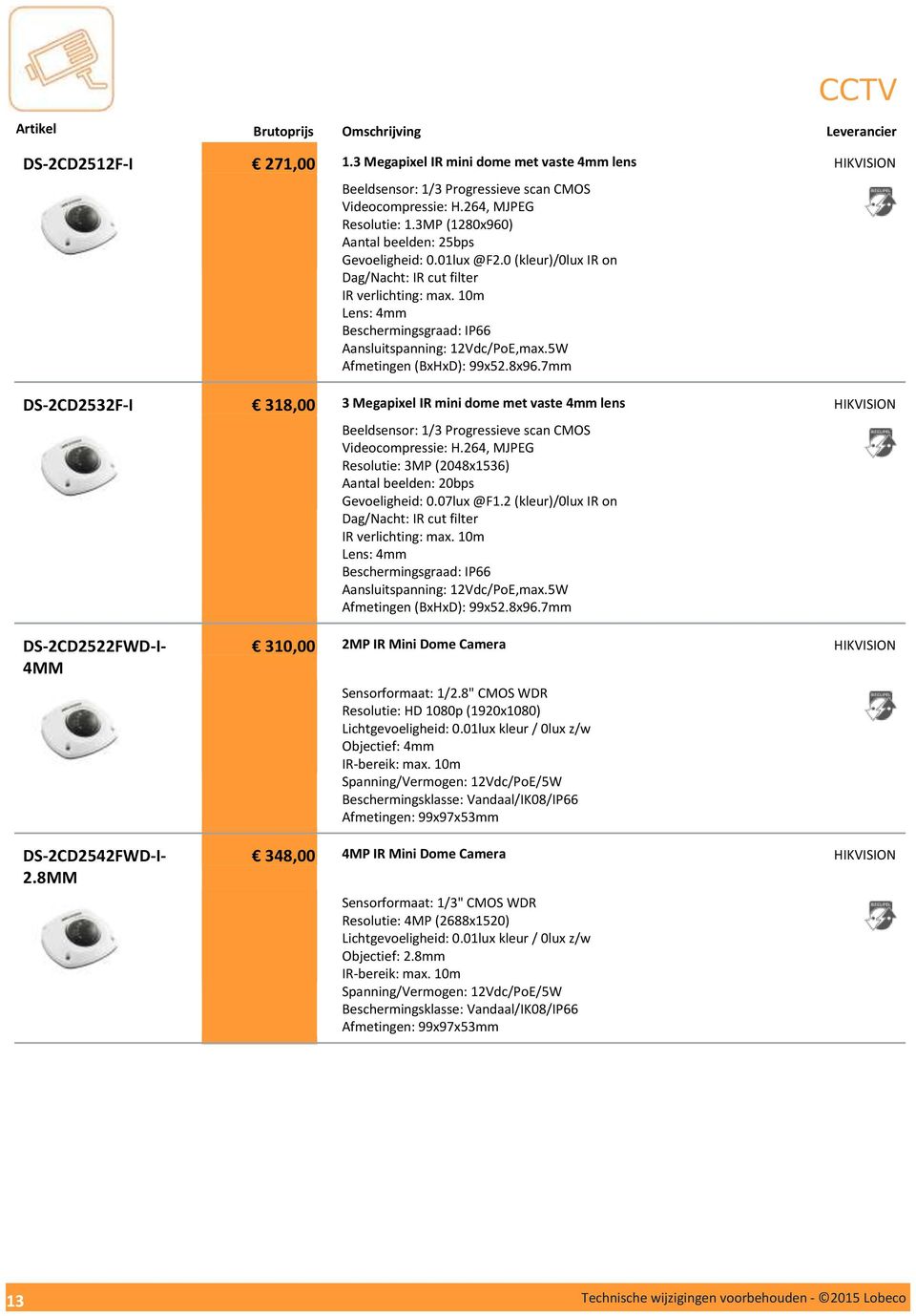 7mm 3 Megapixel IR mini dome met vaste 4mm lens Beeldsensor: 1/3 Progressieve scan CMOS Videocompressie: H.264, MJPEG Resolutie: 3MP (2048x1536) Aantal beelden: 20bps Gevoeligheid: 0.07lux @F1.