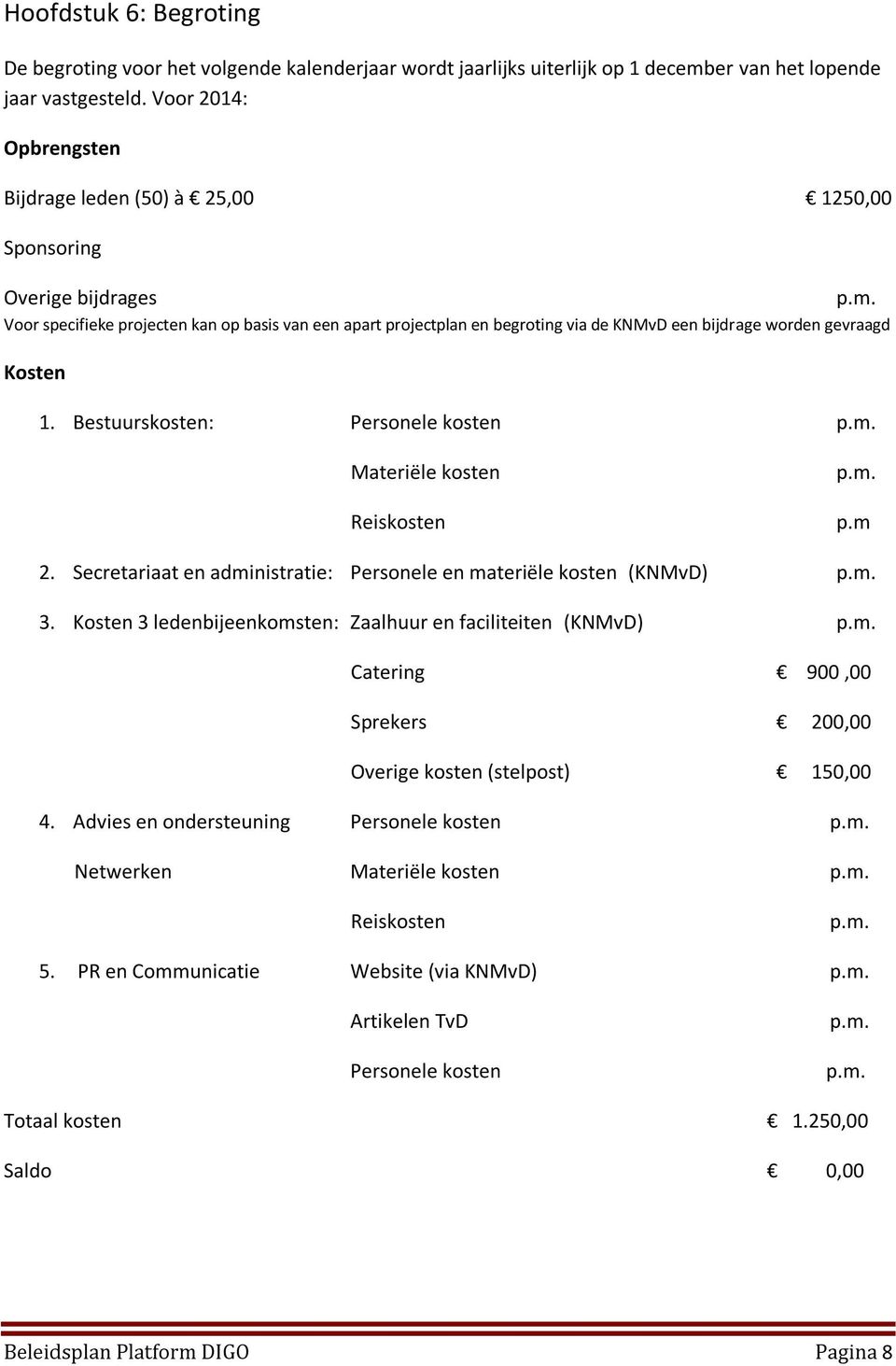 gevraagd Kosten 1. Bestuurskosten: Personele kosten Materiële kosten Reiskosten p.m 2. Secretariaat en administratie: Personele en materiële kosten (KNMvD) 3.