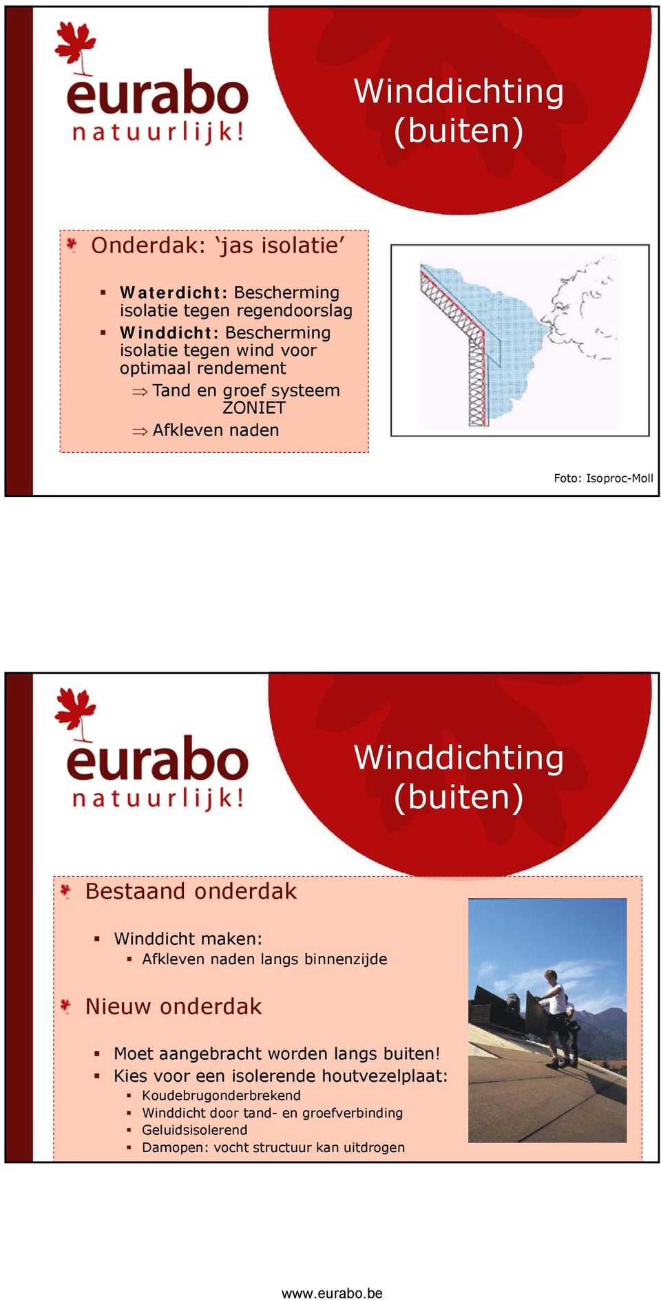 Isoproc-Moll Winddichting (buiten) Bestaand onderdak Winddicht maken: Afkleven naden langs binnenzijde Nieuw onderdak Moet aangebracht worden langs