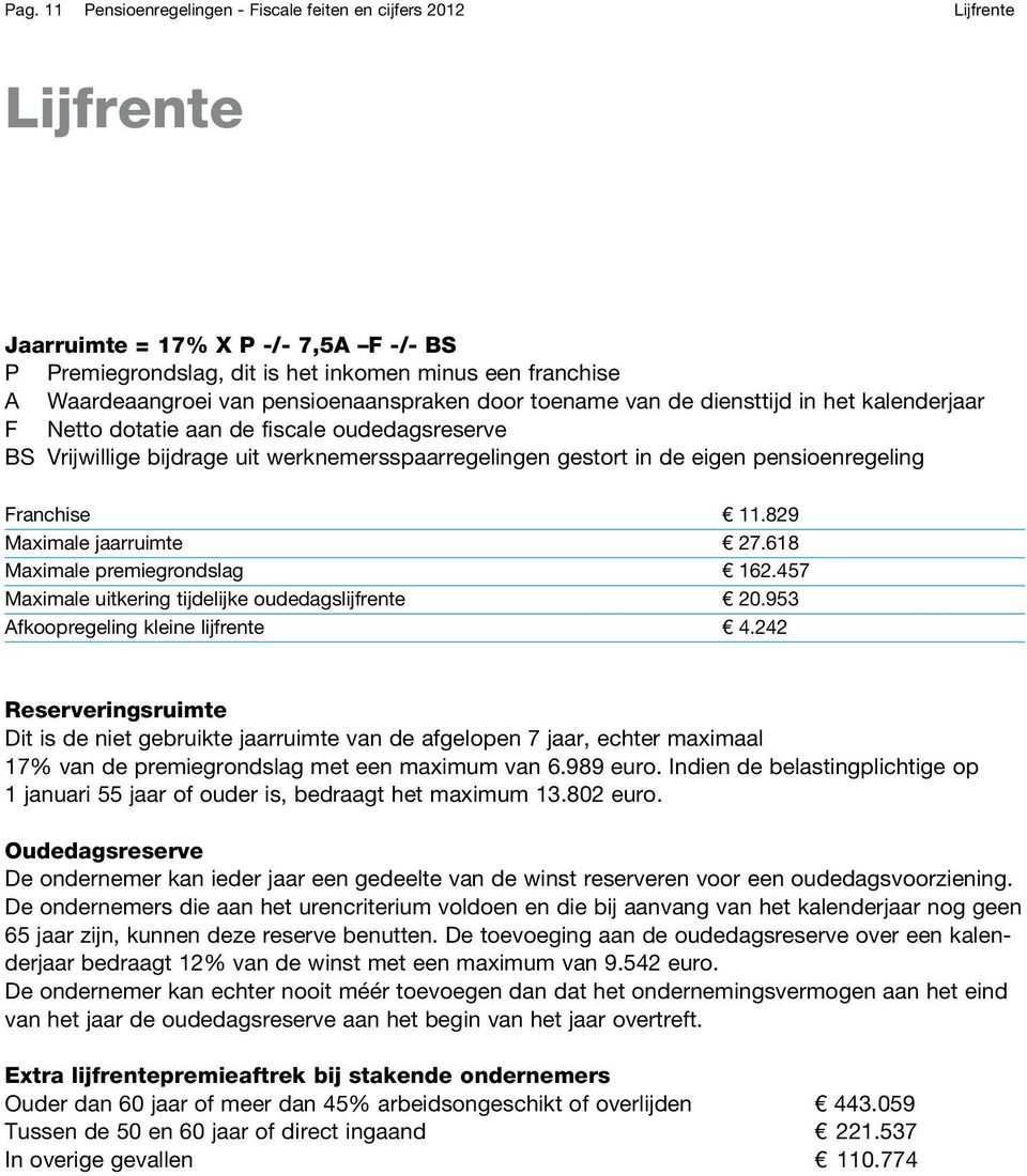 pensioenregeling Franchise 11.829 Maximale jaarruimte 27.618 Maximale premiegrondslag 162.457 Maximale uitkering tijdelijke oudedagslijfrente 20.953 Afkoopregeling kleine lijfrente 4.