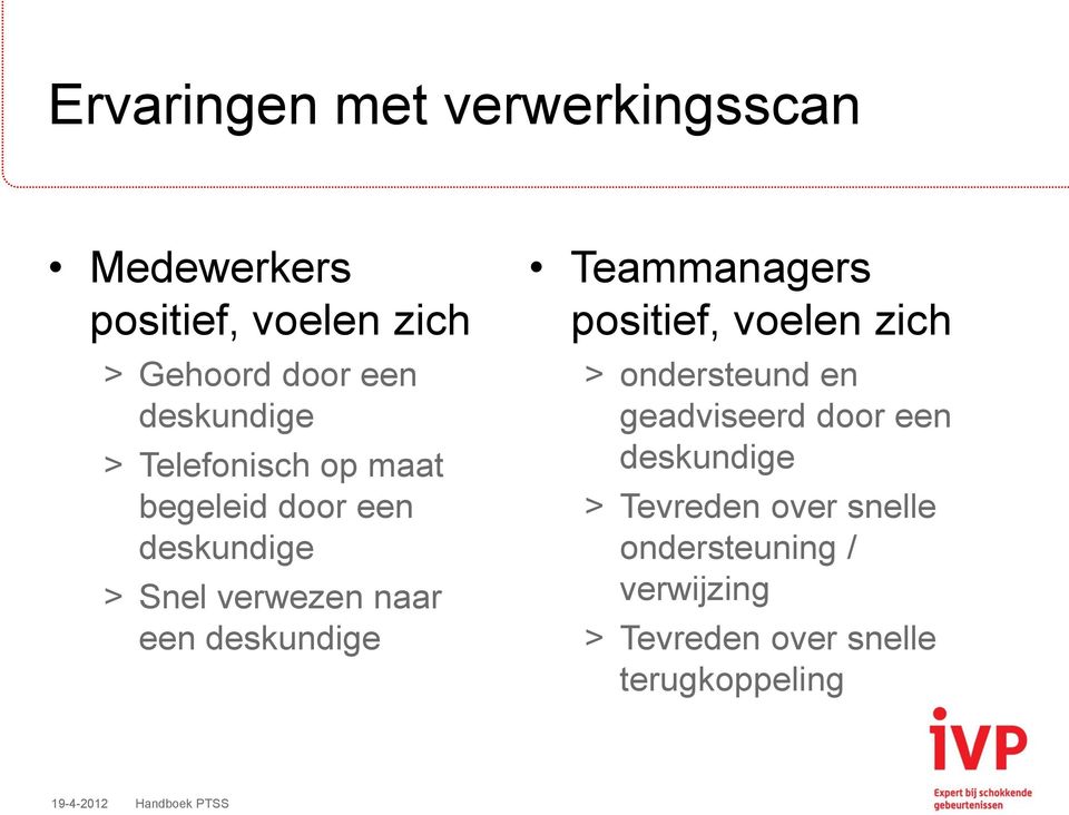 deskundige Teammanagers positief, voelen zich > ondersteund en geadviseerd door een