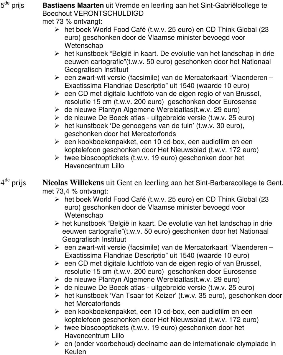 n de tuin (t.w.v. 30 euro), geschonken door het Mercatorfonds twee bioscooptickets (t.w.v. 19 euro) geschonken door het Havencentrum Lillo 4 de prijs Nicolas Willekens uit Gent en leerling aan het Sint-Barbaracollege te Gent.