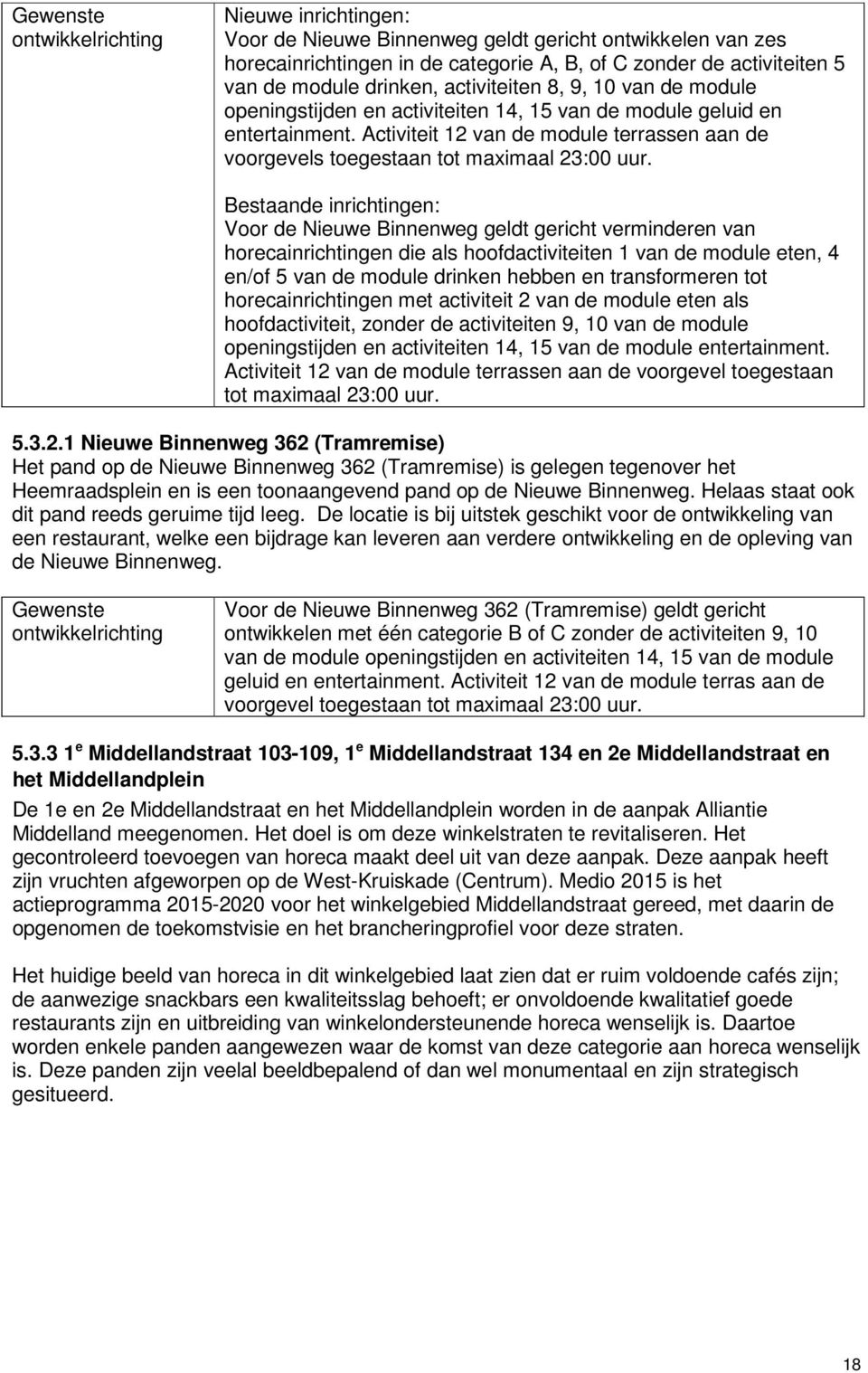 Bestaande inrichtingen: Voor de Nieuwe Binnenweg geldt gericht verminderen van horecainrichtingen die als hoofdactiviteiten 1 van de module eten, 4 en/of 5 van de module drinken hebben en