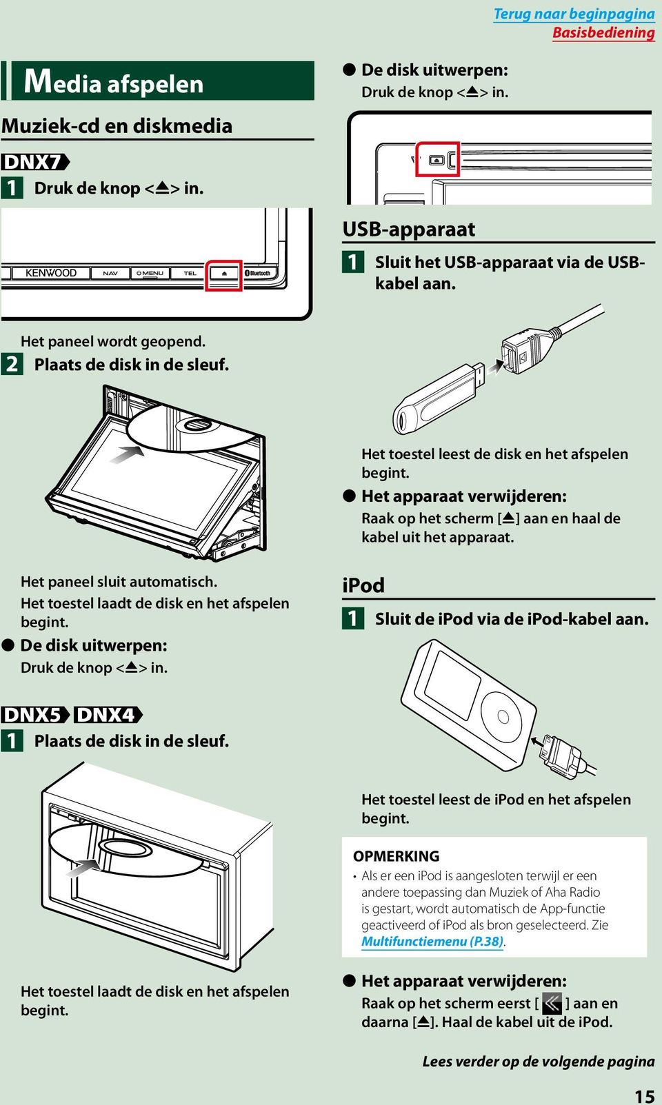 Het paneel sluit automatisch. Het toestel laadt de disk en het afspelen begint. De disk uitwerpen: Druk de knop <0> in. ipod 1 Sluit de ipod via de ipod-kabel aan. 1 Plaats de disk in de sleuf.