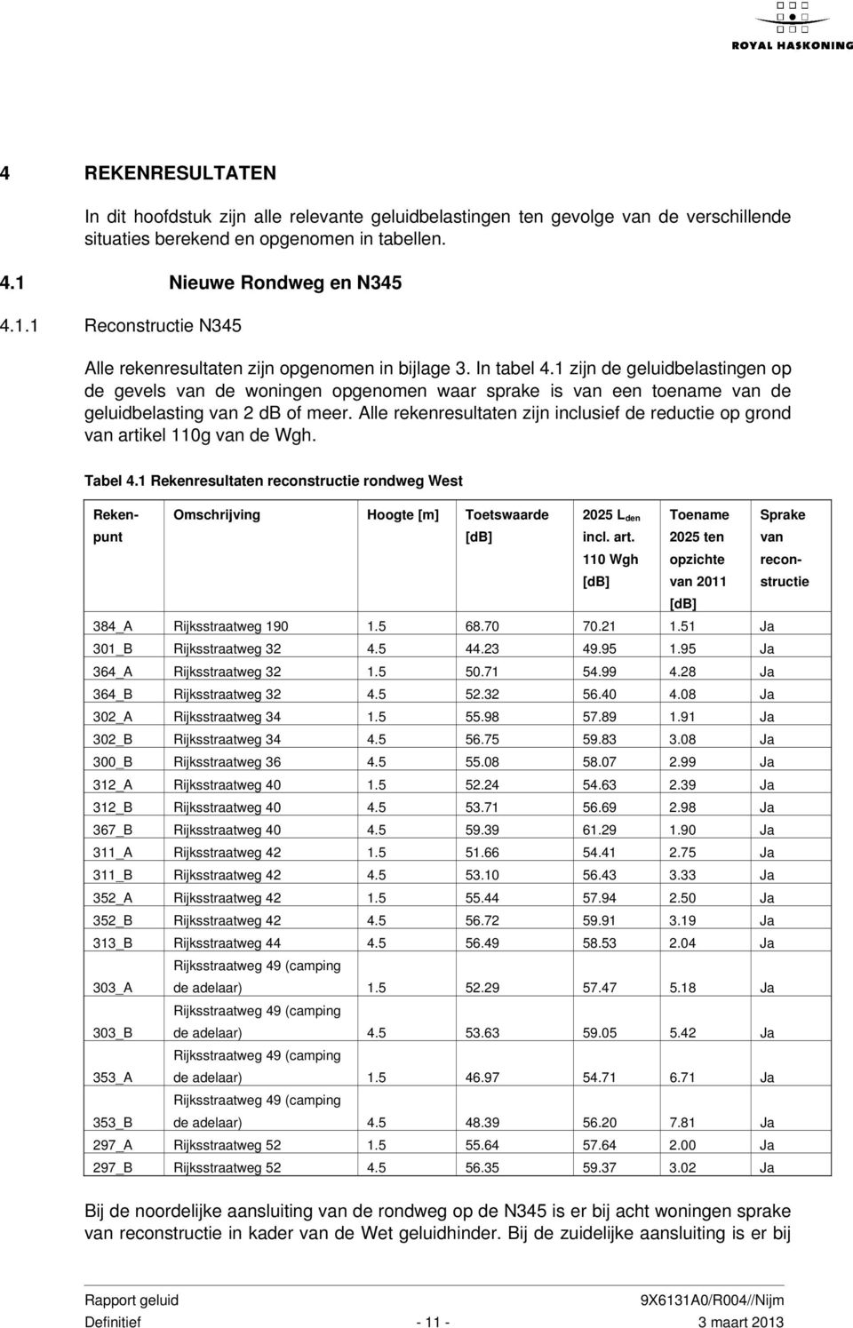 1 zijn de geluidbelastingen op de gevels van de woningen opgenomen waar sprake is van een toename van de geluidbelasting van 2 db of meer.