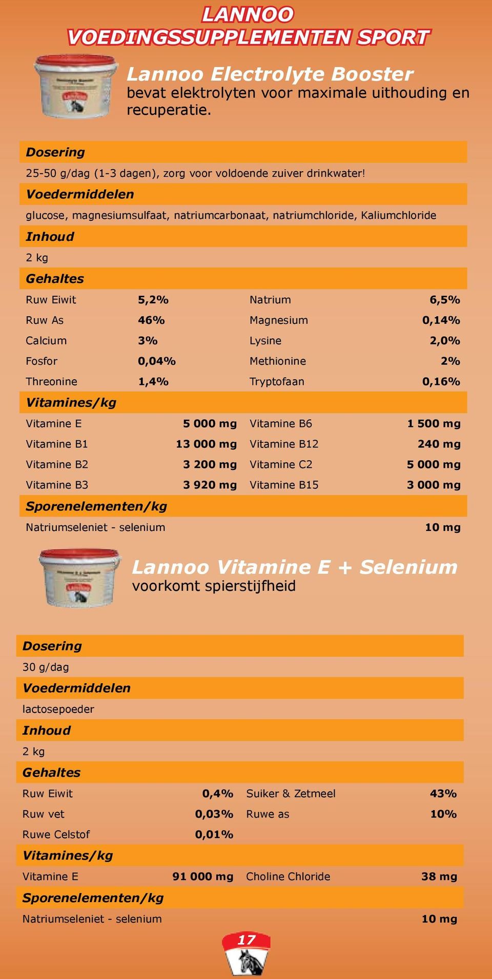 0,04% Methionine 2% Threonine 1,4% Tryptofaan 0,16% Vitamines/kg Vitamine E 5 000 mg Vitamine B6 1 500 mg Vitamine B1 13 000 mg Vitamine B12 240 mg Vitamine B2 3 200 mg Vitamine C2 5 000 mg Vitamine
