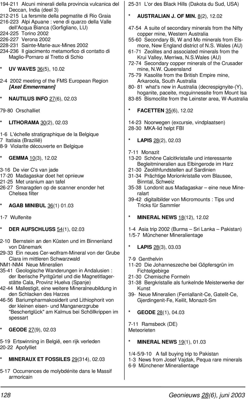 02 2-4 2002 meeting of the FMS European Region [Axel Emmermann] * NAUTILUS INFO 27(6), 02.03 79-80 Orschalliet * LITHORAMA 30(2), 02.