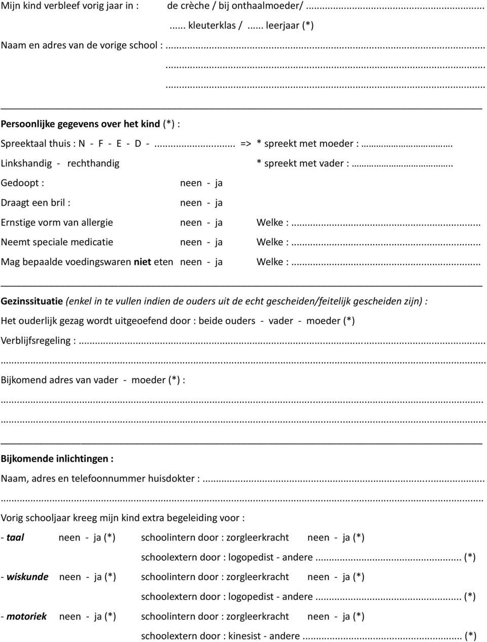 . Gedoopt : neen - ja Draagt een bril : neen - ja Ernstige vorm van allergie neen - ja Welke :... Neemt speciale medicatie neen - ja Welke :... Mag bepaalde voedingswaren niet eten neen - ja Welke :.