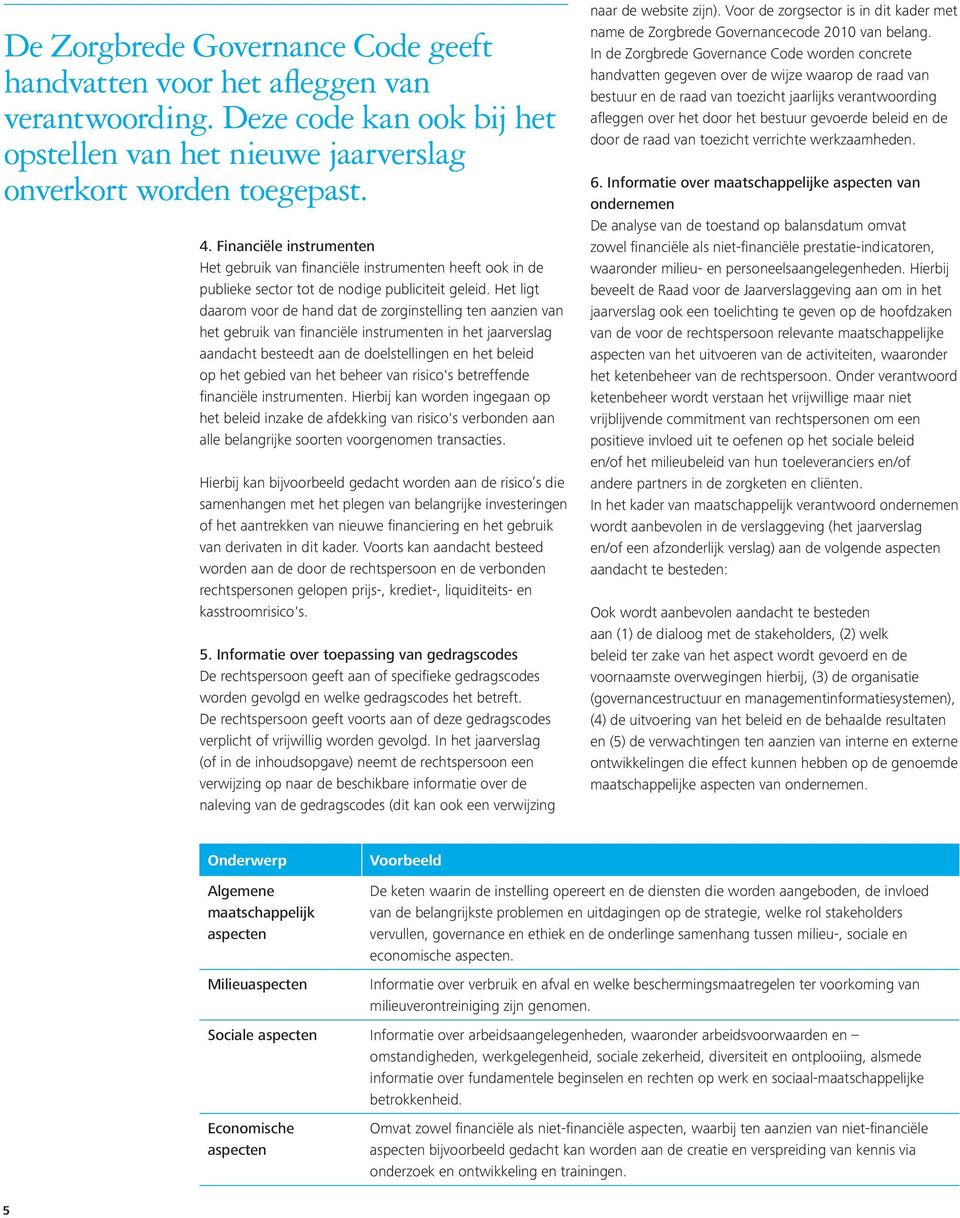 Het ligt daarom voor de hand dat de zorginstelling ten aanzien van het gebruik van financiële instrumenten in het jaarverslag aandacht besteedt aan de doelstellingen en het beleid op het gebied van