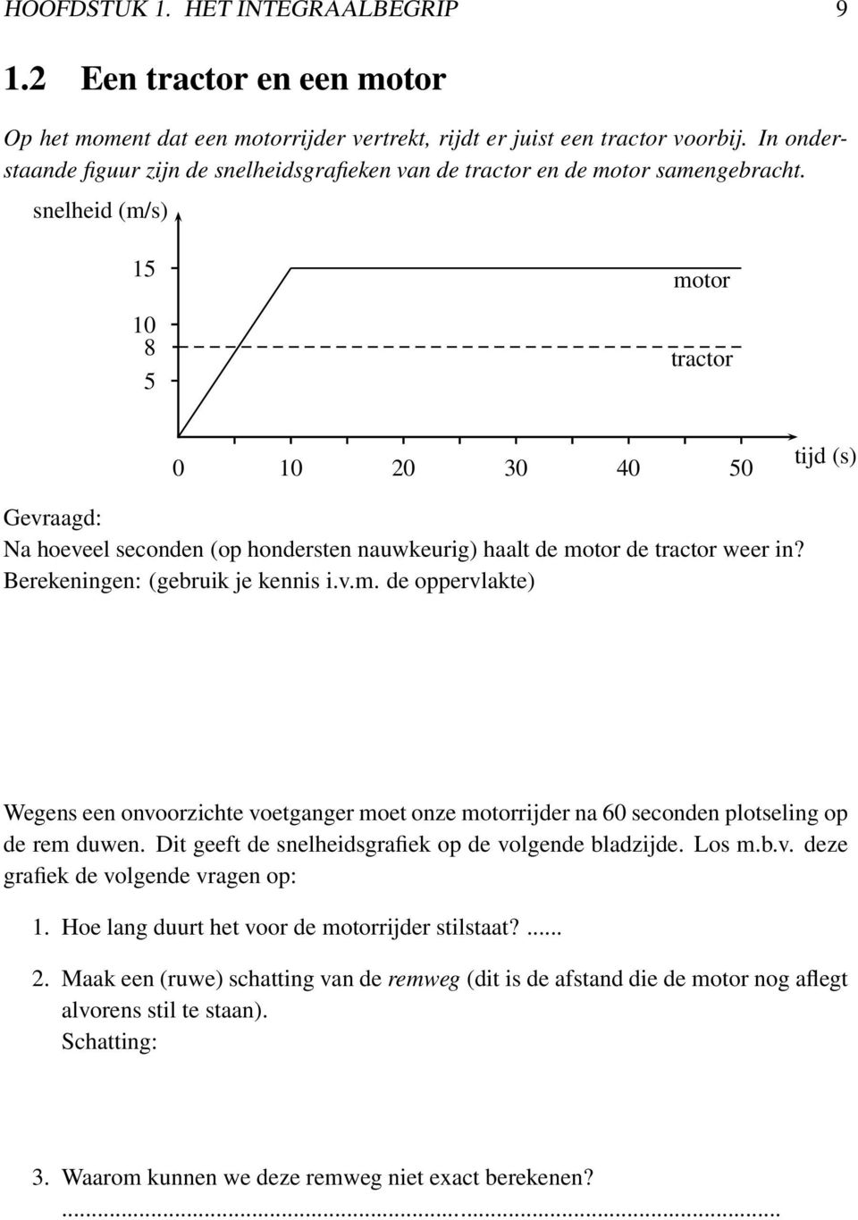 snelheid (m/s) 1 10 8 motor tractor 0 10 20 30 40 0 tijd (s) Gevraagd: Na hoeveel seconden (op hondersten nauwkeurig) haalt de motor de tractor weer in? Berekeningen: (gebruik je kennis i.v.m. de oppervlakte) Wegens een onvoorzichte voetganger moet onze motorrijder na 60 seconden plotseling op de rem duwen.