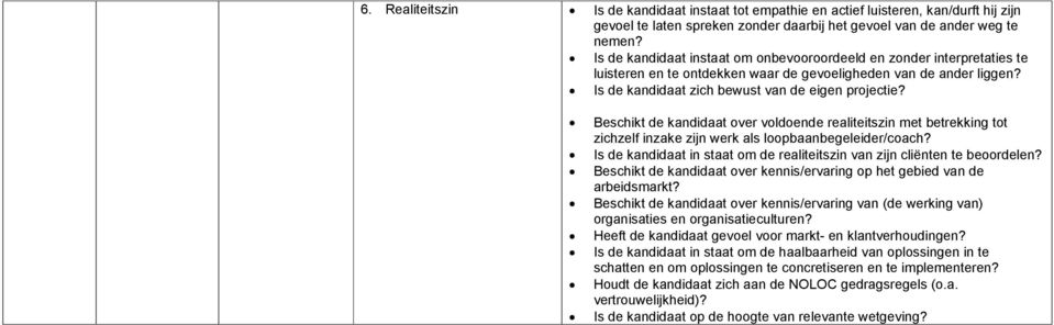 Beschikt de kandidaat over voldoende realiteitszin met betrekking tot zichzelf inzake zijn werk als loopbaanbegeleider/coach?