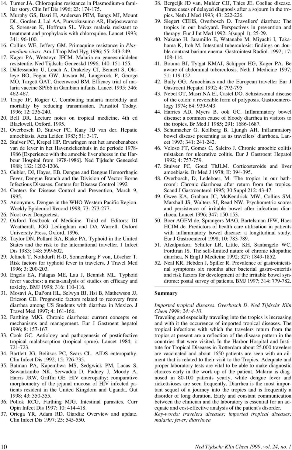 Lancet 1993; 341: 96-100. 16. Collins WE, Jeffery GM. Primaquine resistance in Plasmodium vivax. Am J Trop Med Hyg 1996; 55: 243-249. 17. Kager PA, Wetsteyn JFCM.