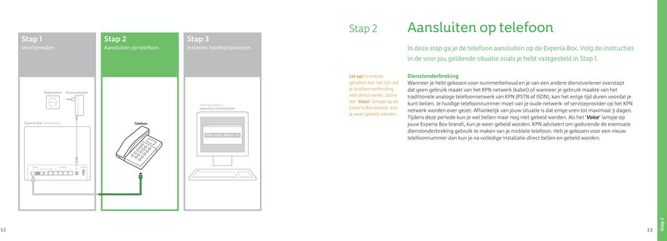 com/mijnkpn welkom Stel mijn dienst in Let op! In enkele gevallen kan het zijn dat je telefoonverbinding niet direct werkt. Zodra het Voice lampje op de Experia Box brandt, kun je weer gebeld worden.