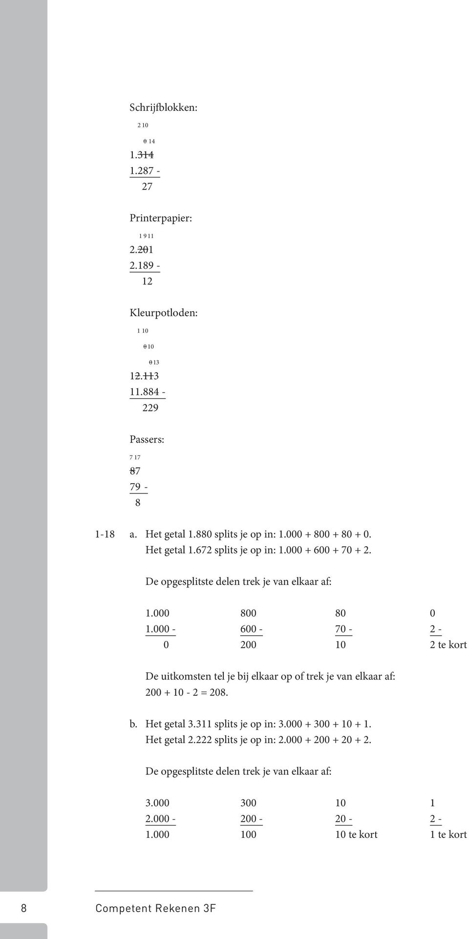 000-600 - 70-2 - 0 200 10 2 te kort De uitkomsten tel je bij elkaar op of trek je van elkaar af: 200 + 10-2 = 208. b. Het getal 3.311 splits je op in: 3.000 + 300 + 10 + 1.