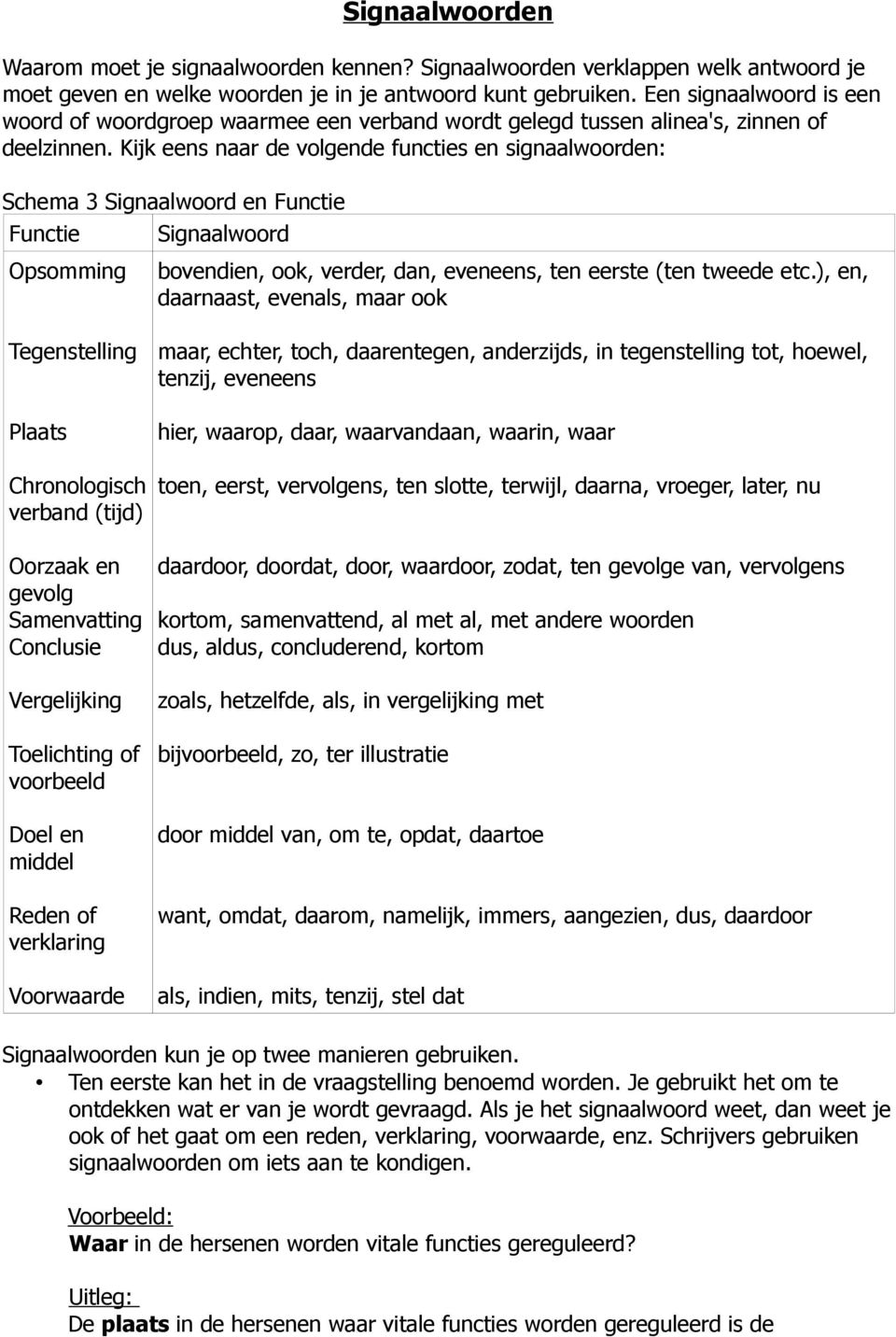 Kijk eens naar de volgende functies en signaalwoorden: Schema 3 Signaalwoord en Functie Functie Signaalwoord Opsomming bovendien, ook, verder, dan, eveneens, ten eerste (ten tweede etc.