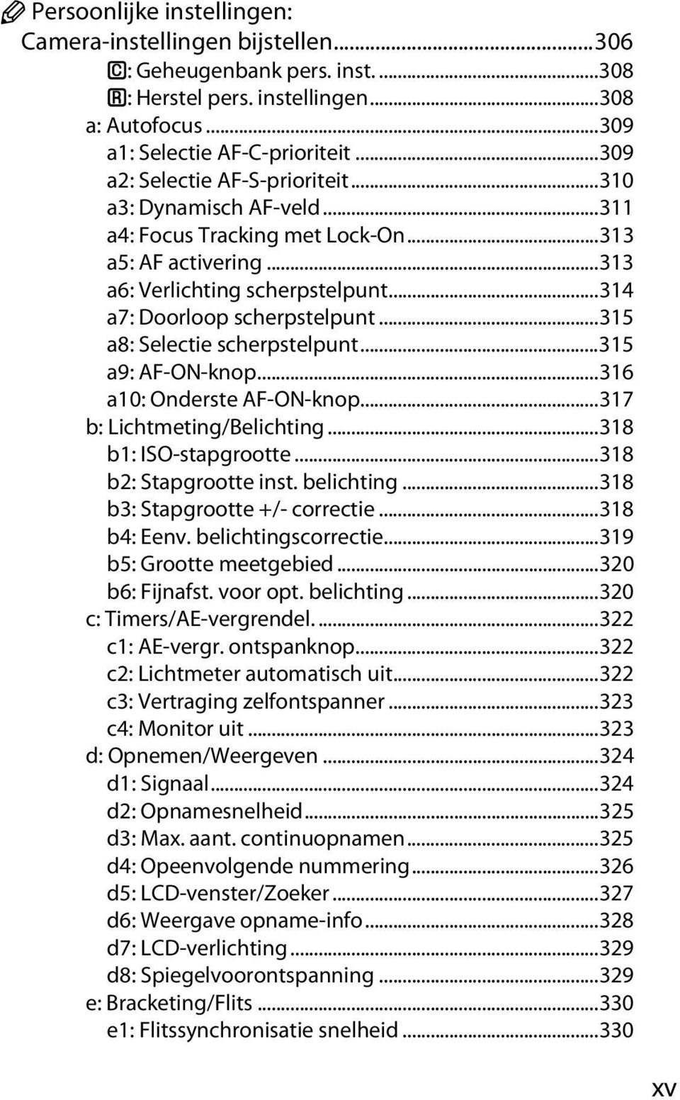 ..315 a8: Selectie scherpstelpunt...315 a9: AF-ON-knop...316 a10: Onderste AF-ON-knop...317 b: Lichtmeting/Belichting...318 b1: ISO-stapgrootte...318 b2: Stapgrootte inst. belichting.